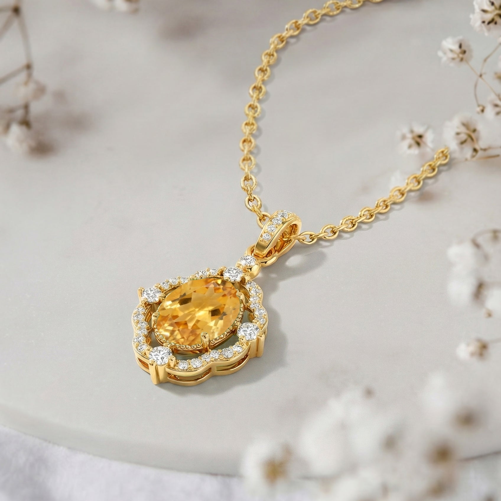 Natural Citrine Oval Halo Pendant Necklace in 925 Sterling Silver 1.2ct