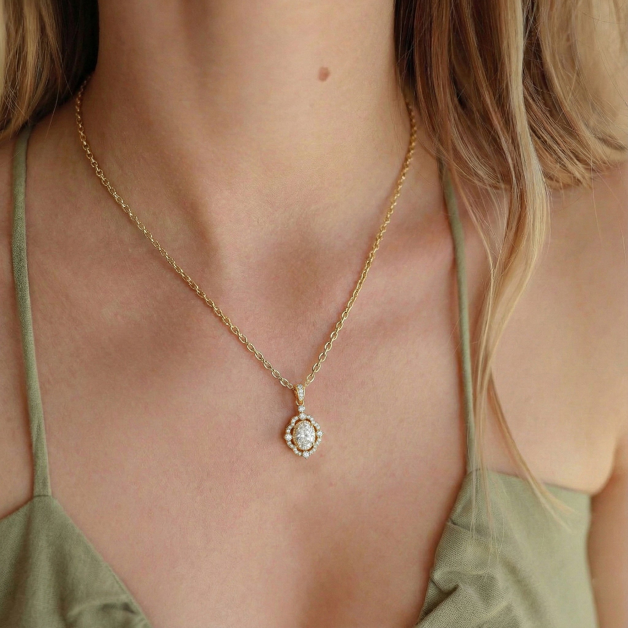 Simulated Diamond Oval Halo Pendant Necklace in Yellow Gold Plated 1.2ct