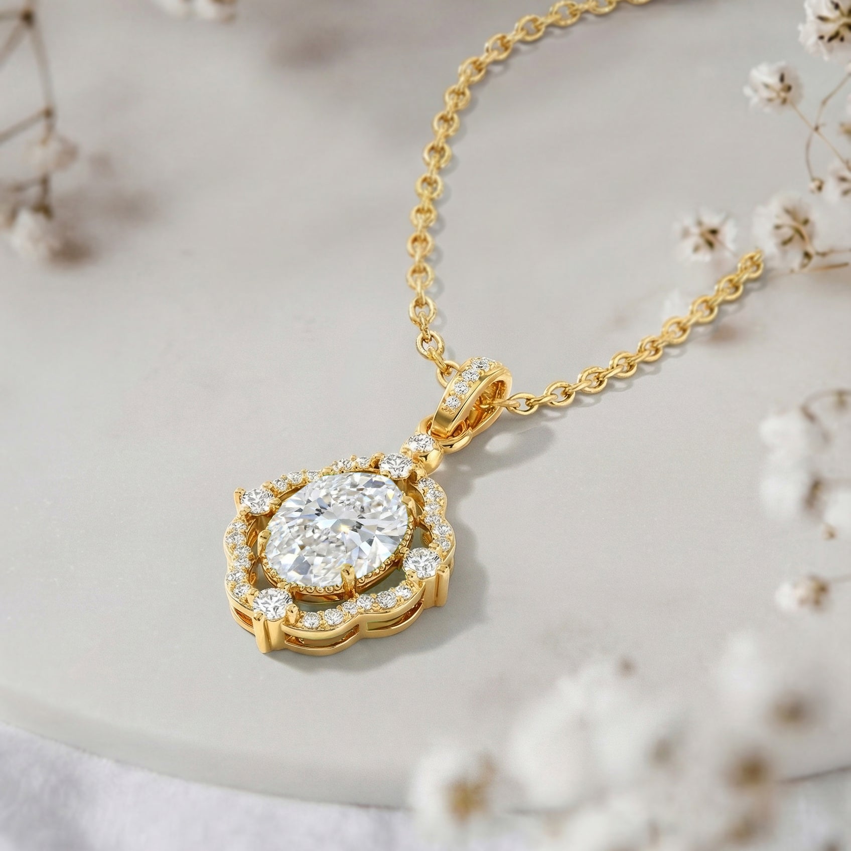 Simulated Diamond Oval Halo Pendant Necklace in Yellow Gold Plated 1.2ct