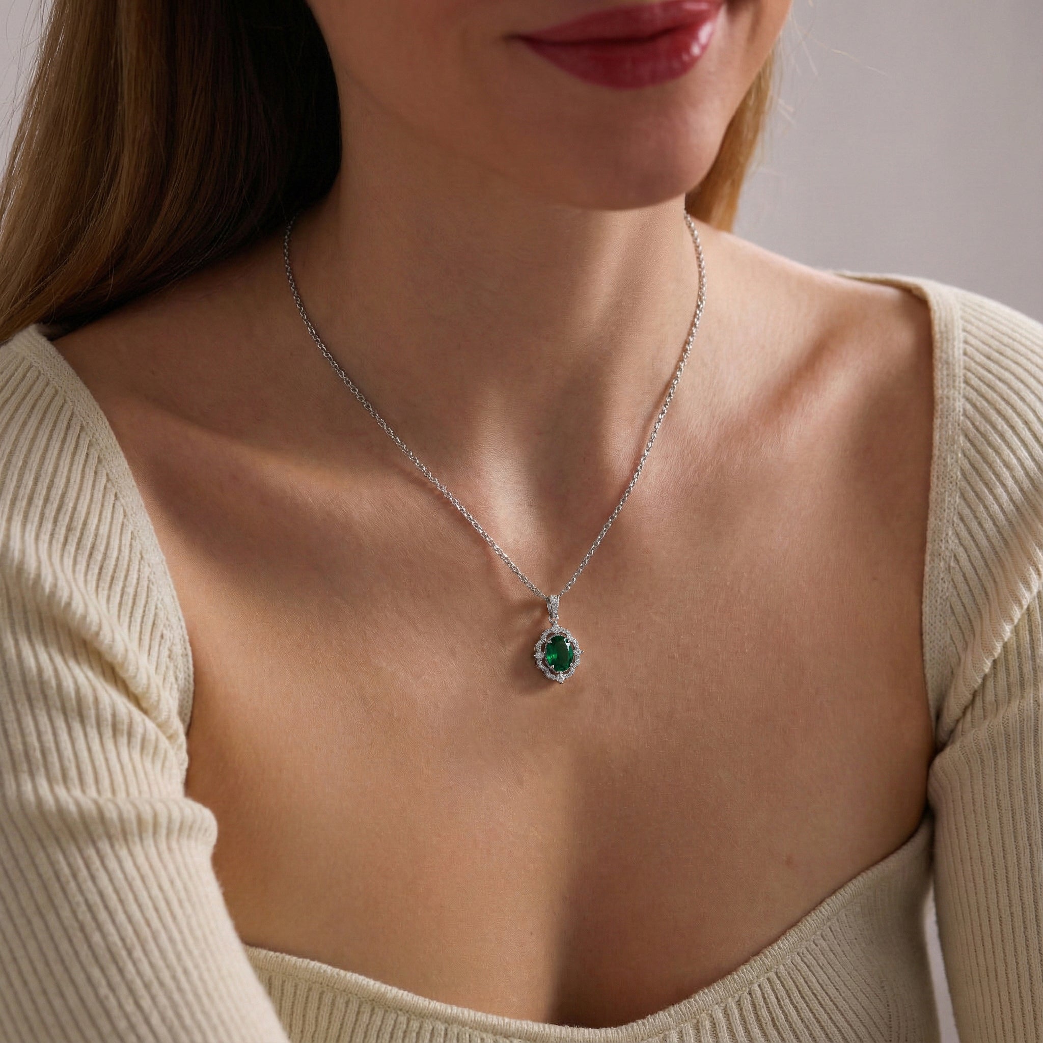 Emerald Oval Halo Pendant Necklace in 925 Sterling Silver 1.2ct