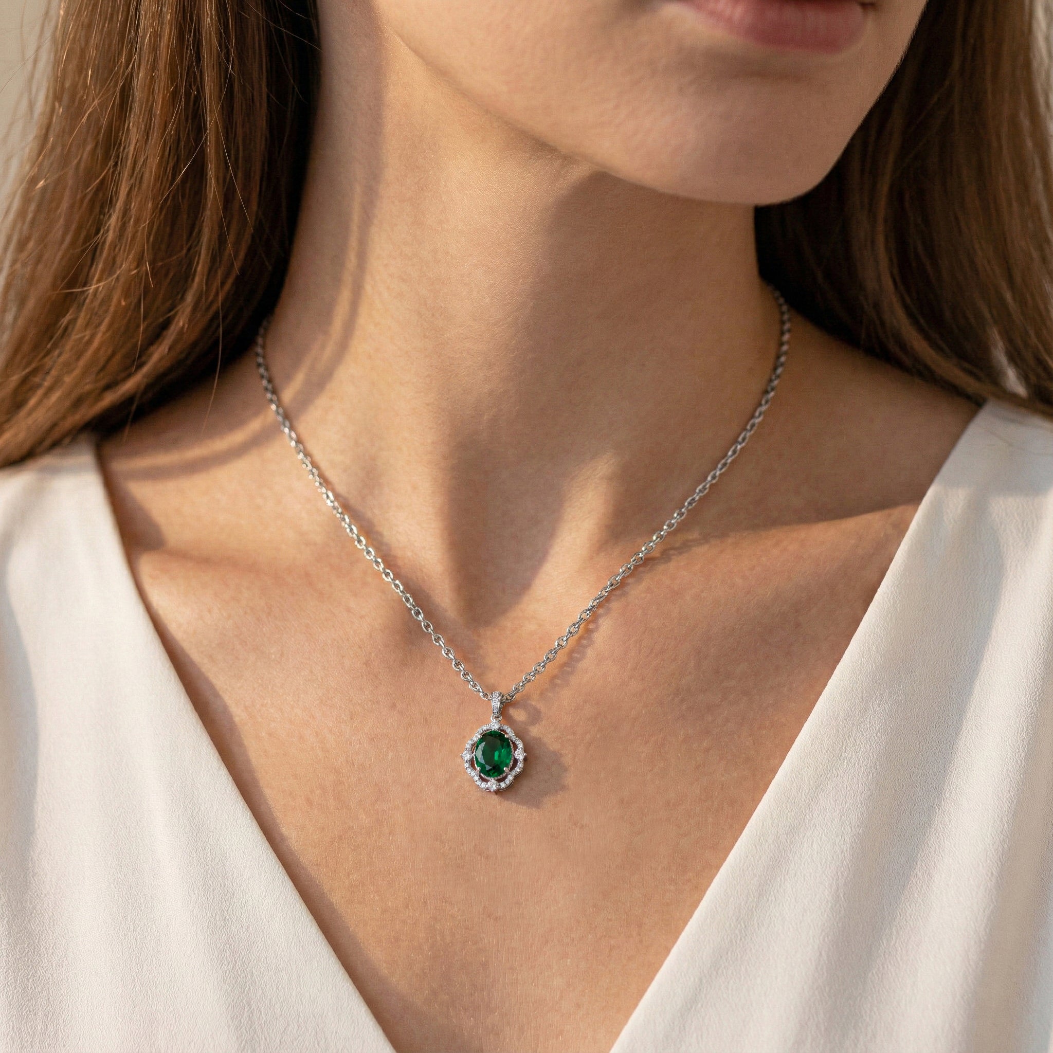 Emerald Oval Halo Pendant Necklace in 925 Sterling Silver 1.2ct