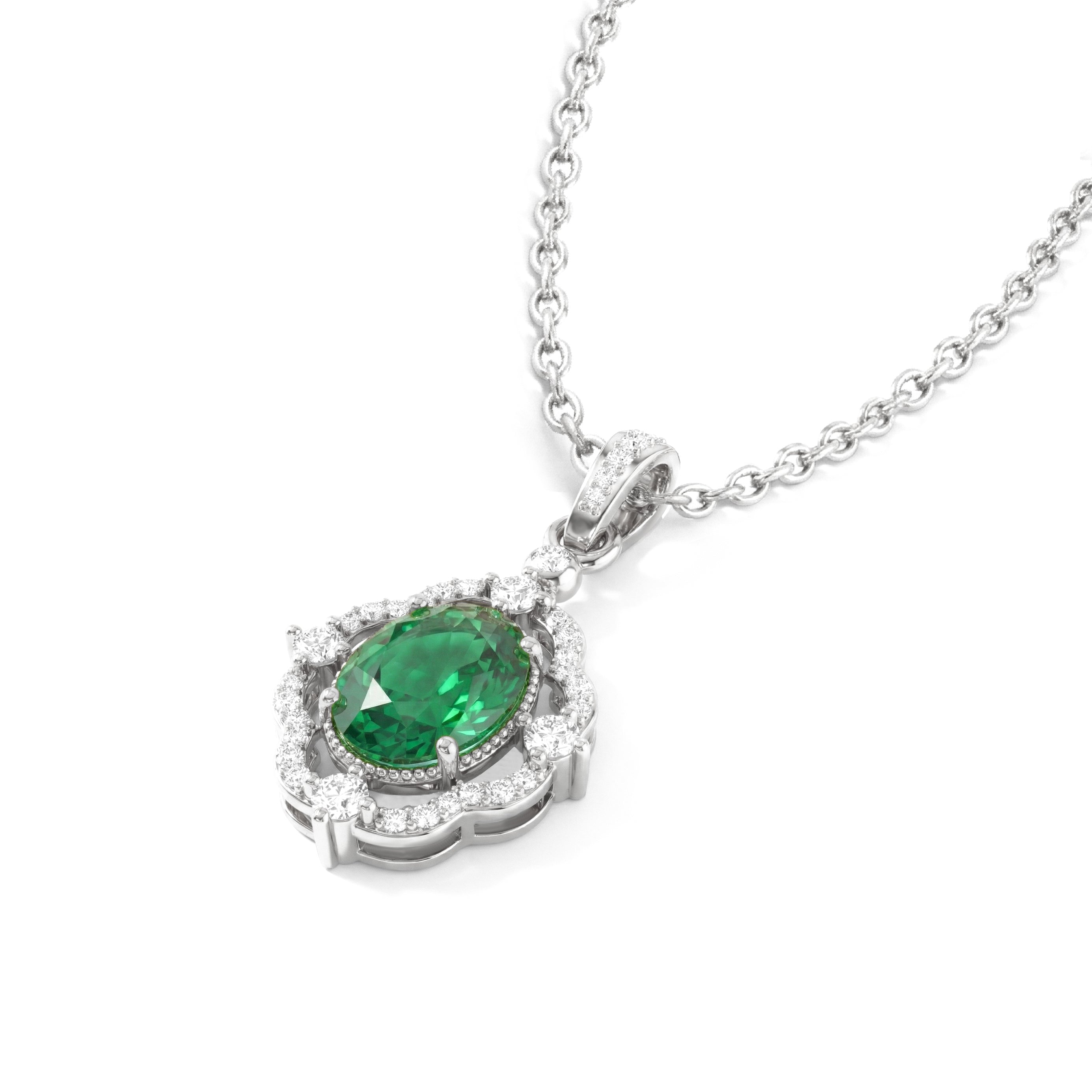Emerald Oval Halo Pendant Necklace in 925 Sterling Silver 1.2ct