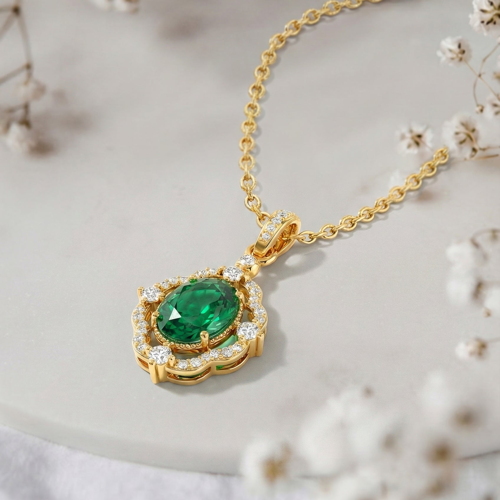 Emerald Oval Halo Pendant Necklace in 925 Sterling Silver 1.2ct