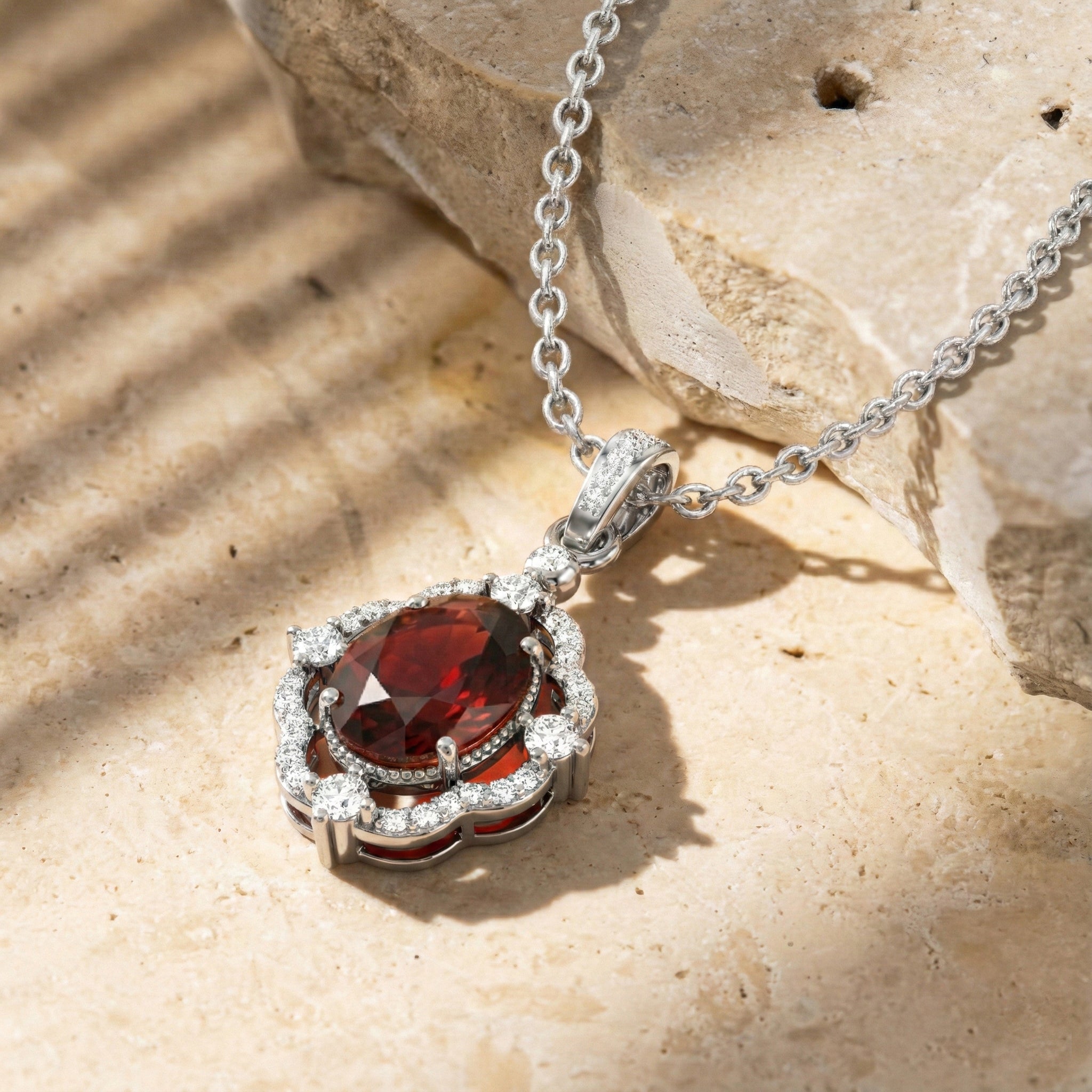 Natural Garnet Oval Halo Pendant Necklace in 925 Sterling Silver 1.2ct