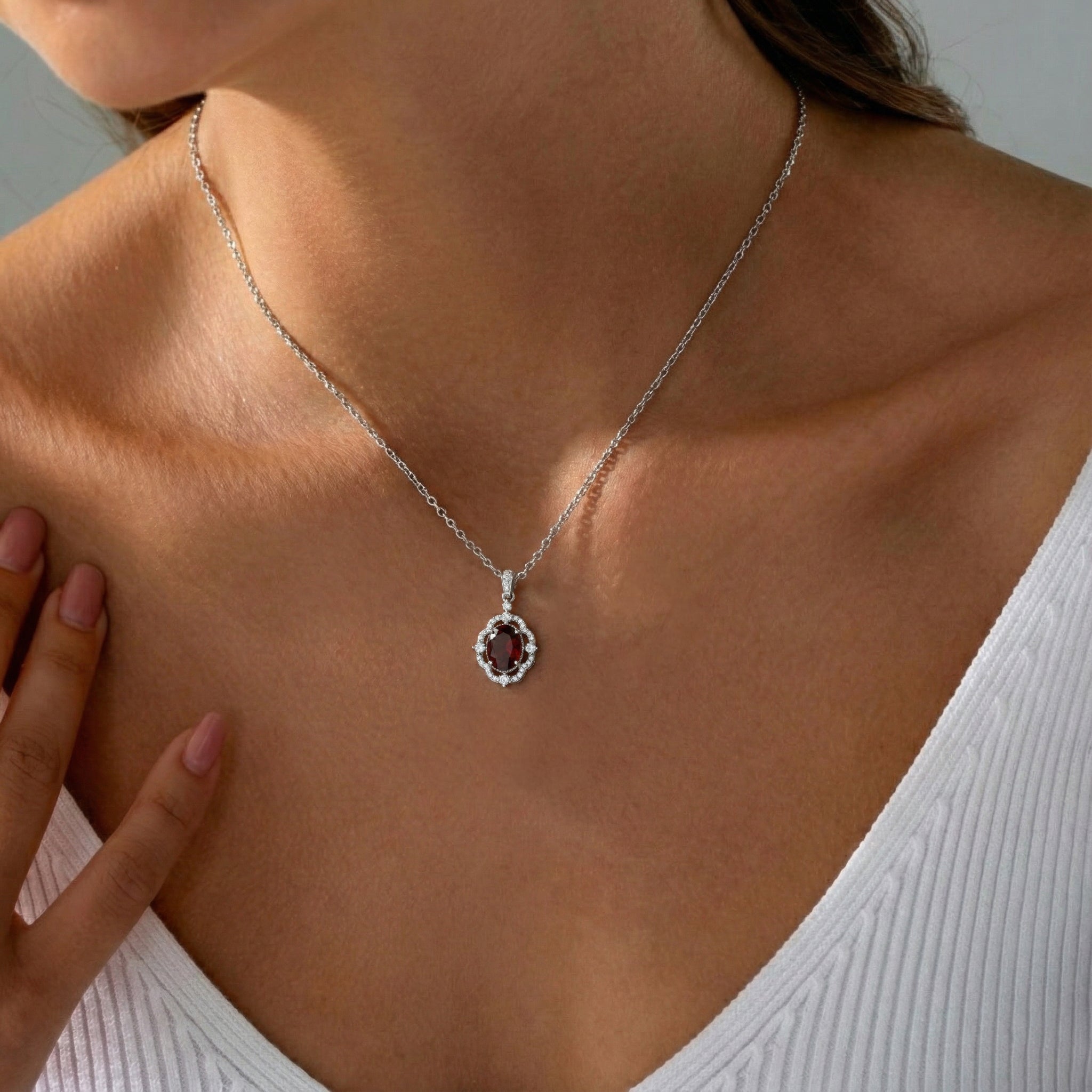 Natural Garnet Oval Halo Pendant Necklace in 925 Sterling Silver 1.2ct