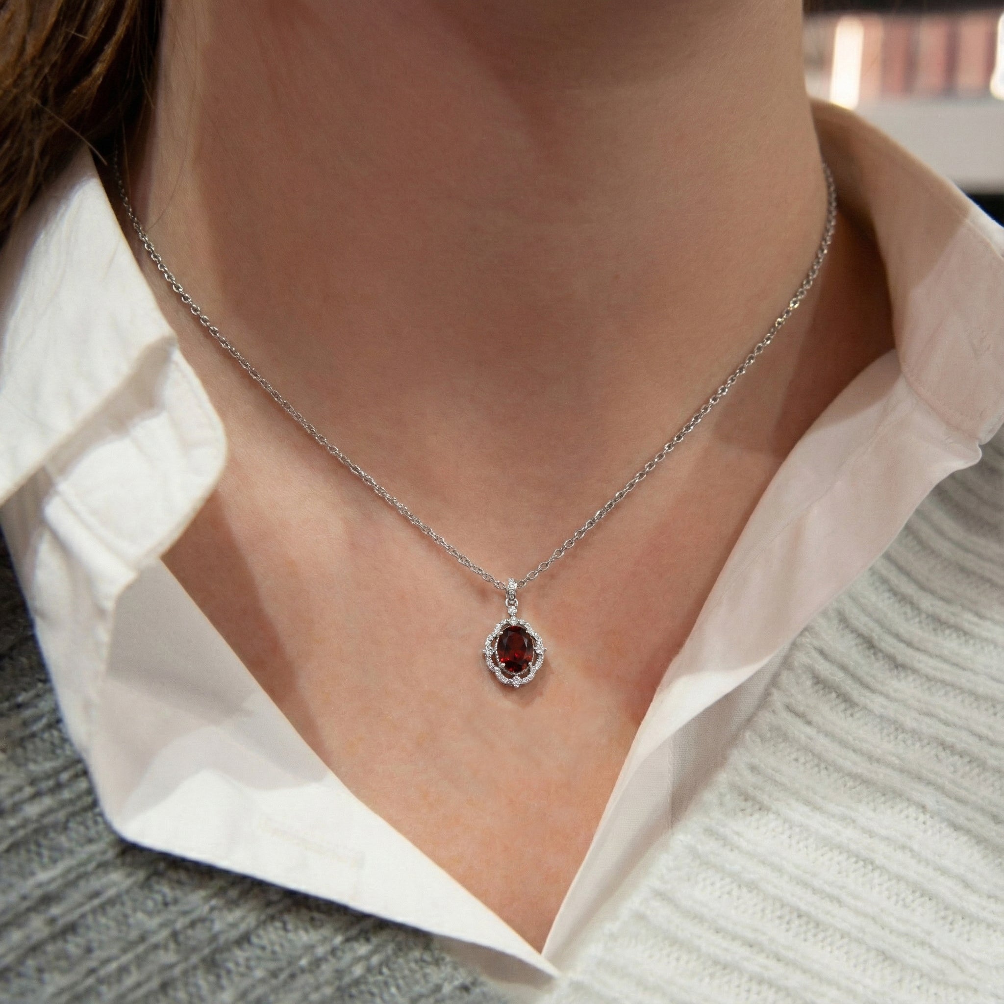 Natural Garnet Oval Halo Pendant Necklace in 925 Sterling Silver 1.2ct