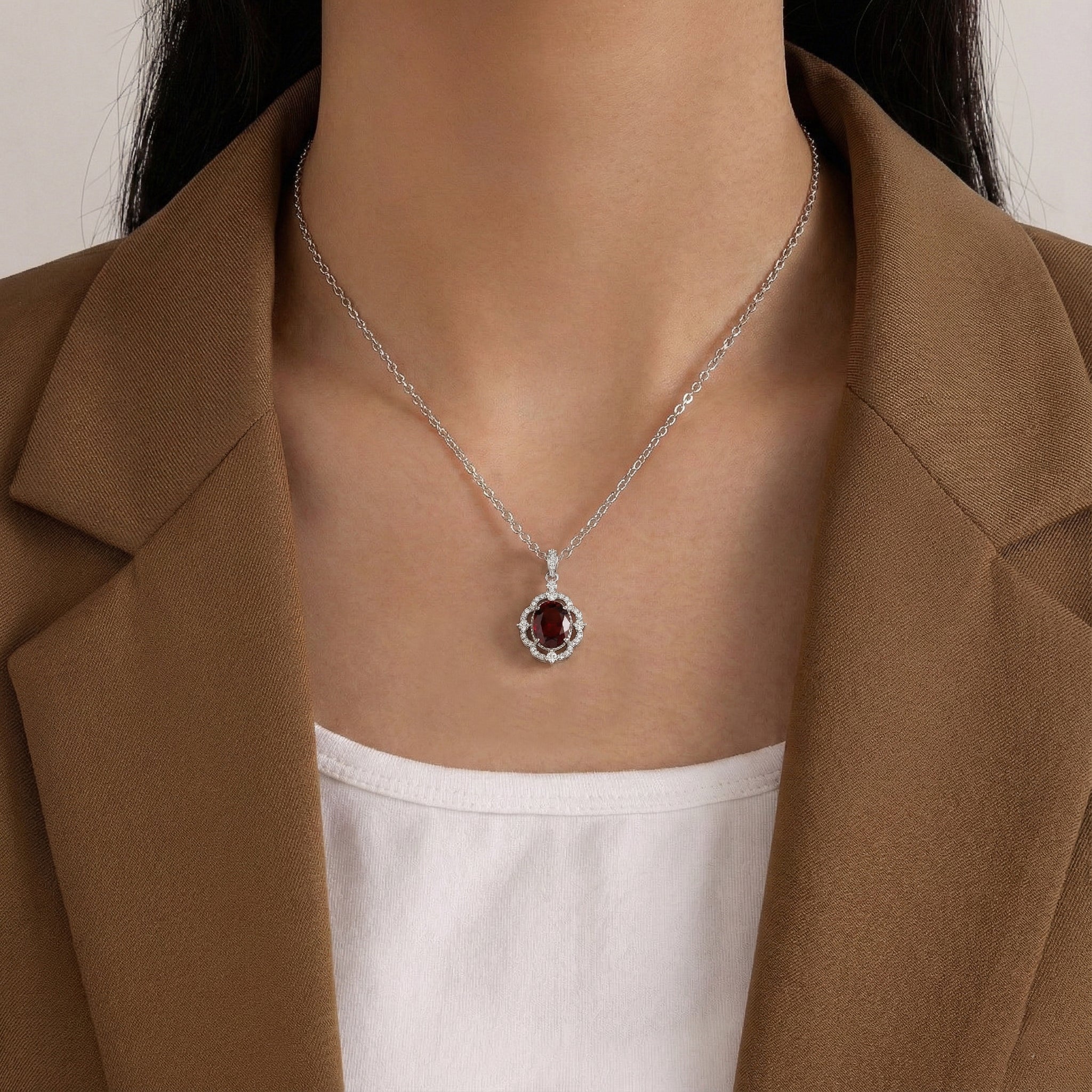 Natural Garnet Oval Halo Pendant Necklace in 925 Sterling Silver 1.2ct