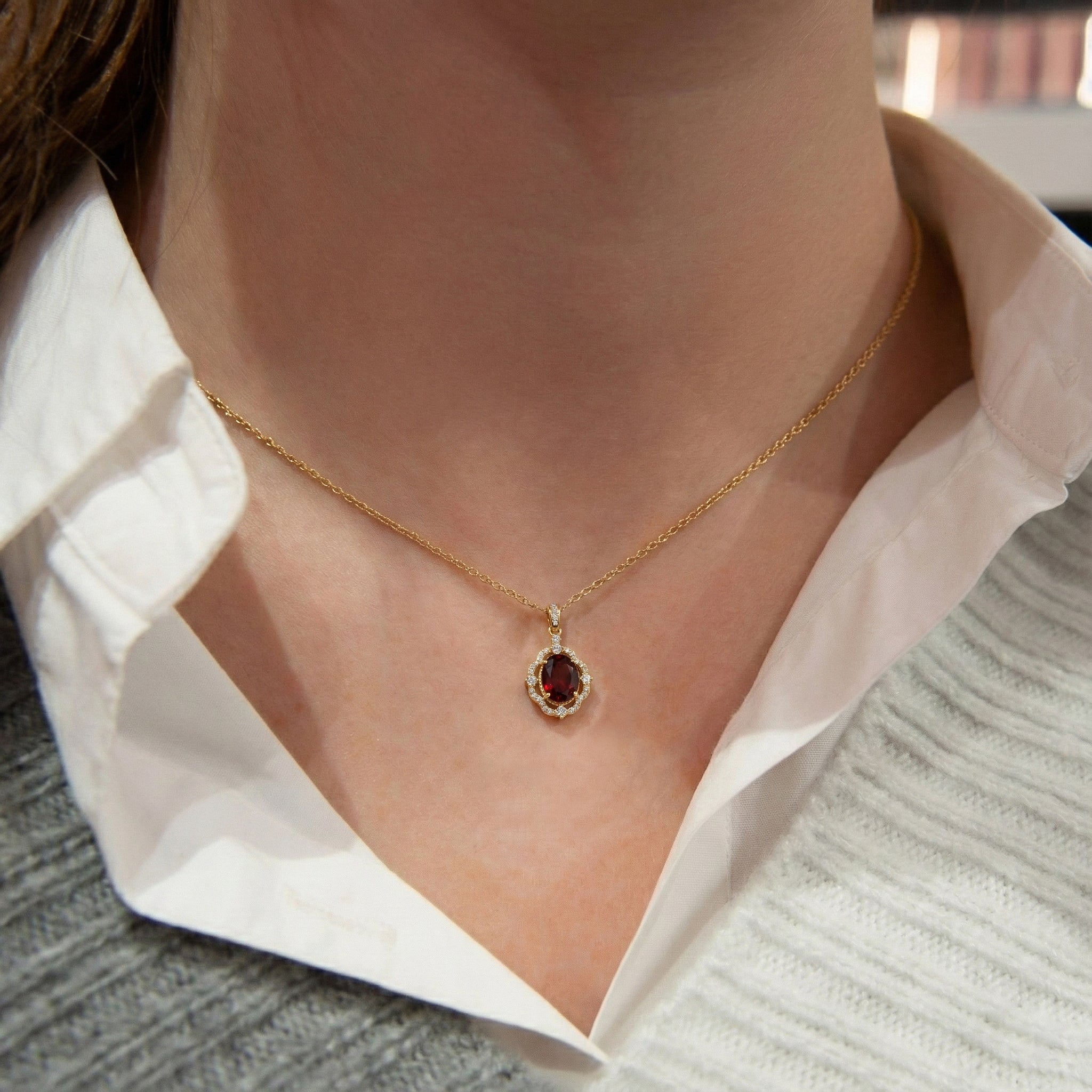 Natural Garnet Oval Halo Pendant Necklace in 925 Sterling Silver 1.2ct