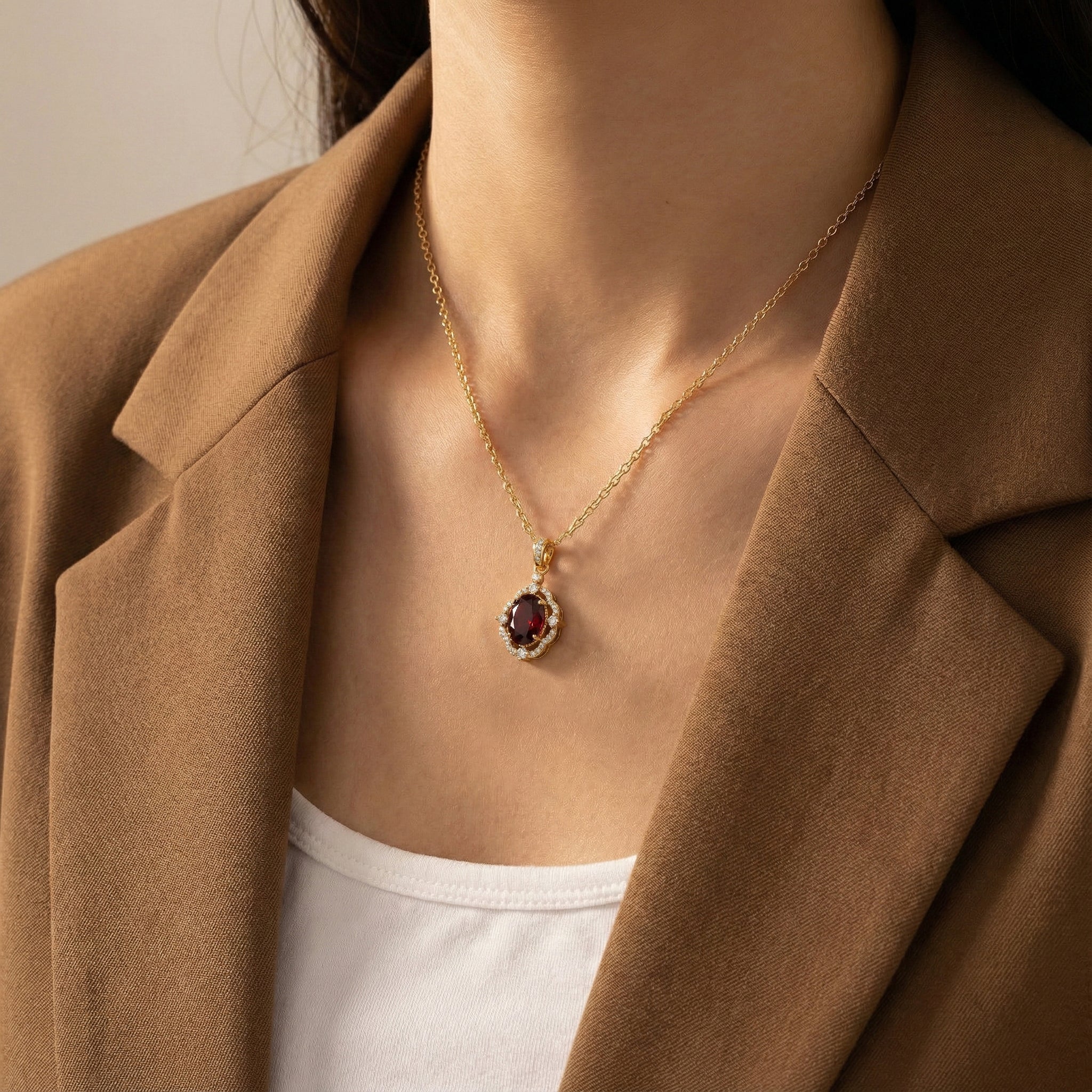 Natural Garnet Oval Halo Pendant Necklace in 925 Sterling Silver 1.2ct