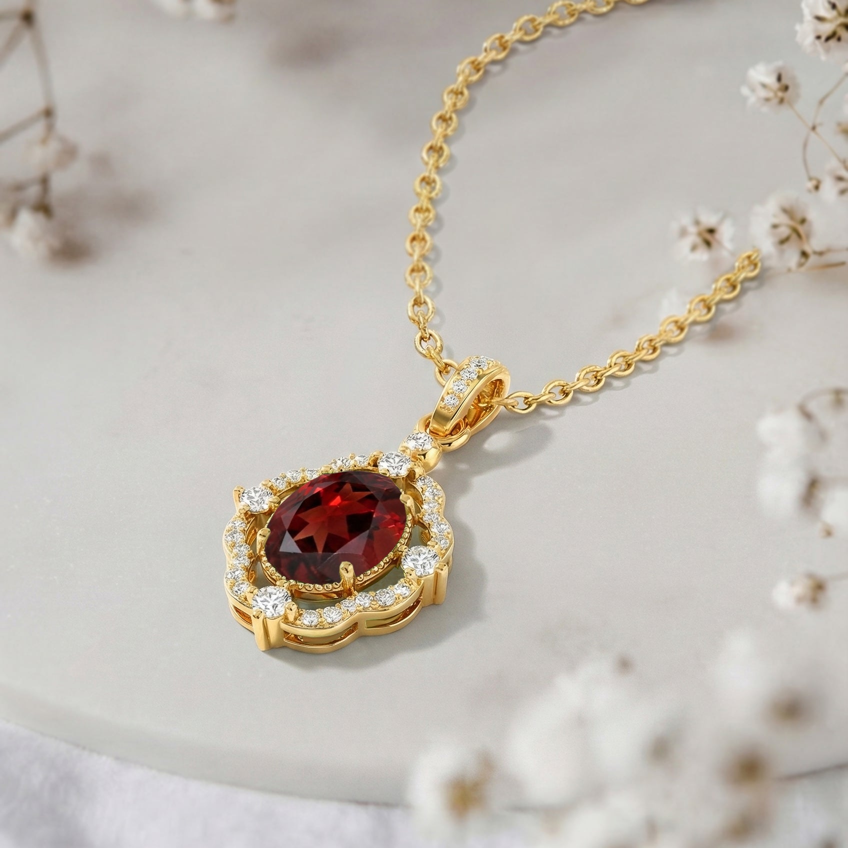 Garnet Oval Halo Pendant Necklace in Yellow Gold Plated 1.2ct