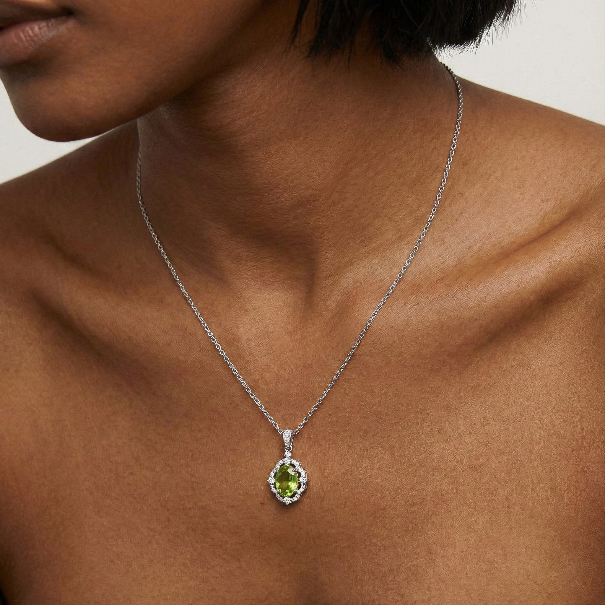 Natural Peridot Oval Halo Pendant Necklace in 925 Sterling Silver 1.2ct