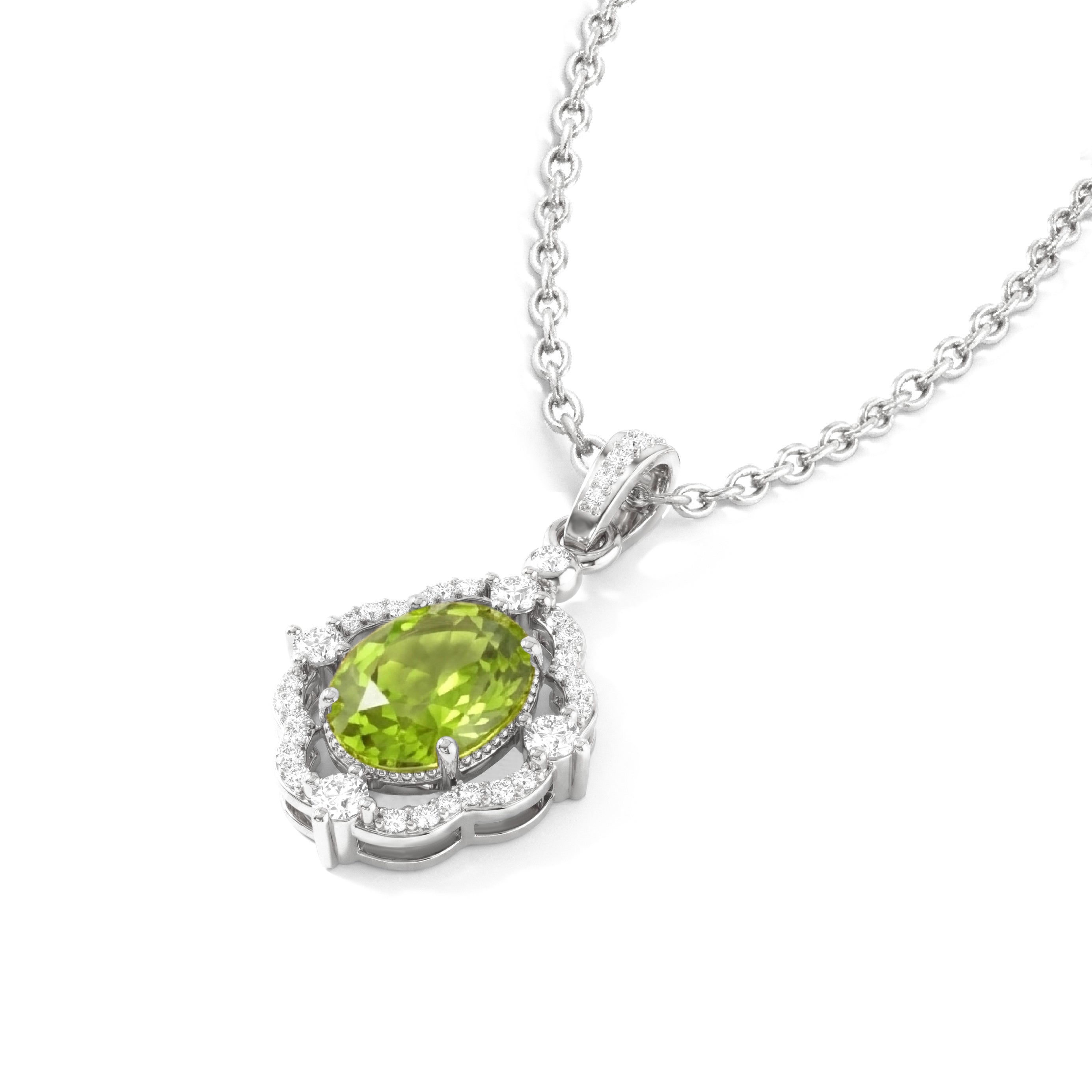 Natural Peridot Oval Halo Pendant Necklace in 925 Sterling Silver 1.2ct