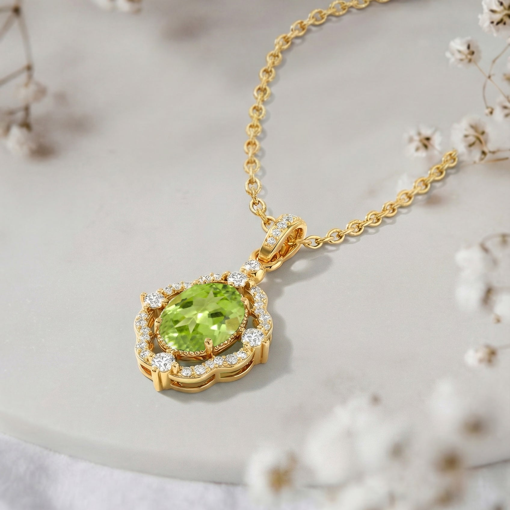 Peridot Oval Halo Pendant Necklace in Yellow Gold Plated 1.2ct