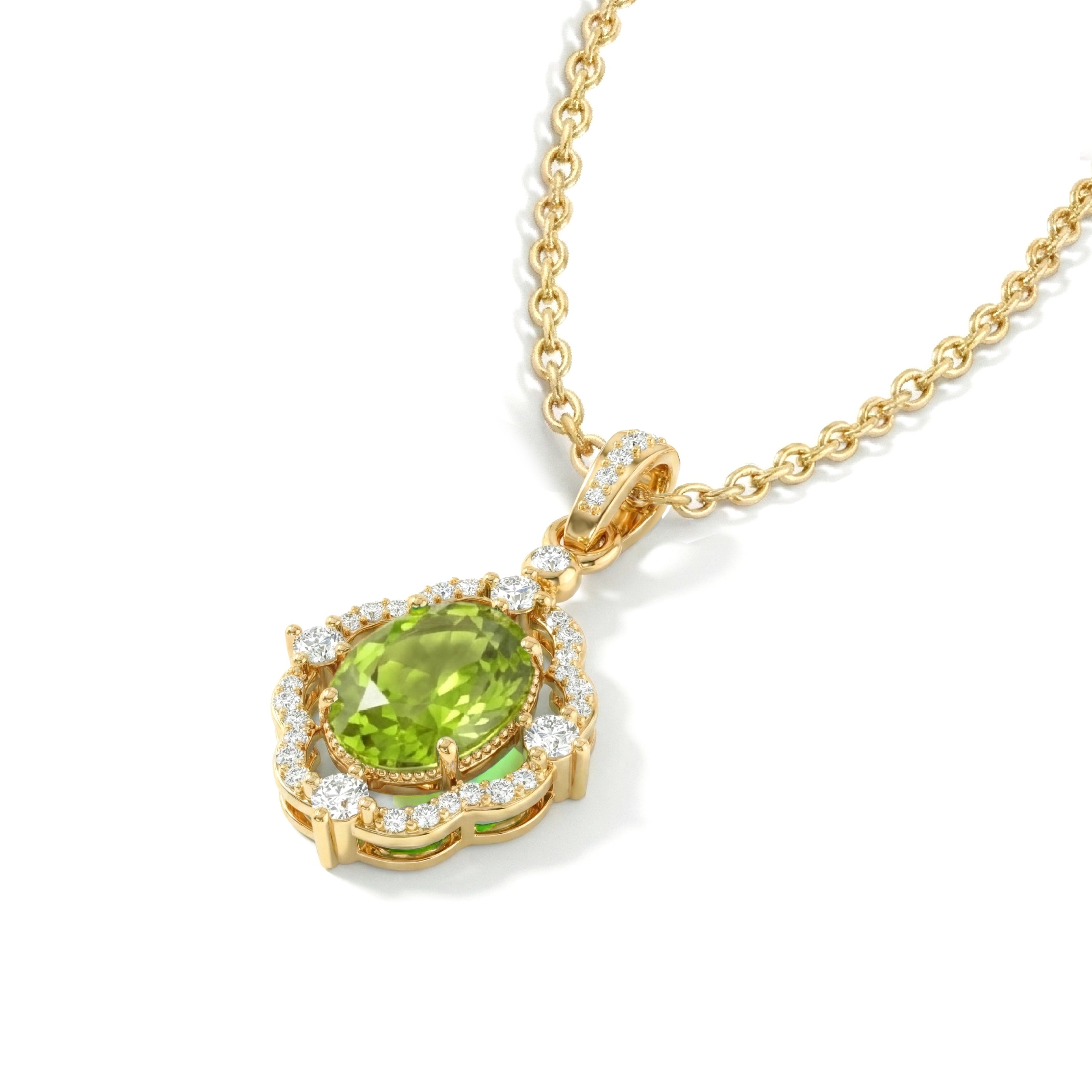 Peridot Oval Halo Pendant Necklace in Yellow Gold Plated 1.2ct