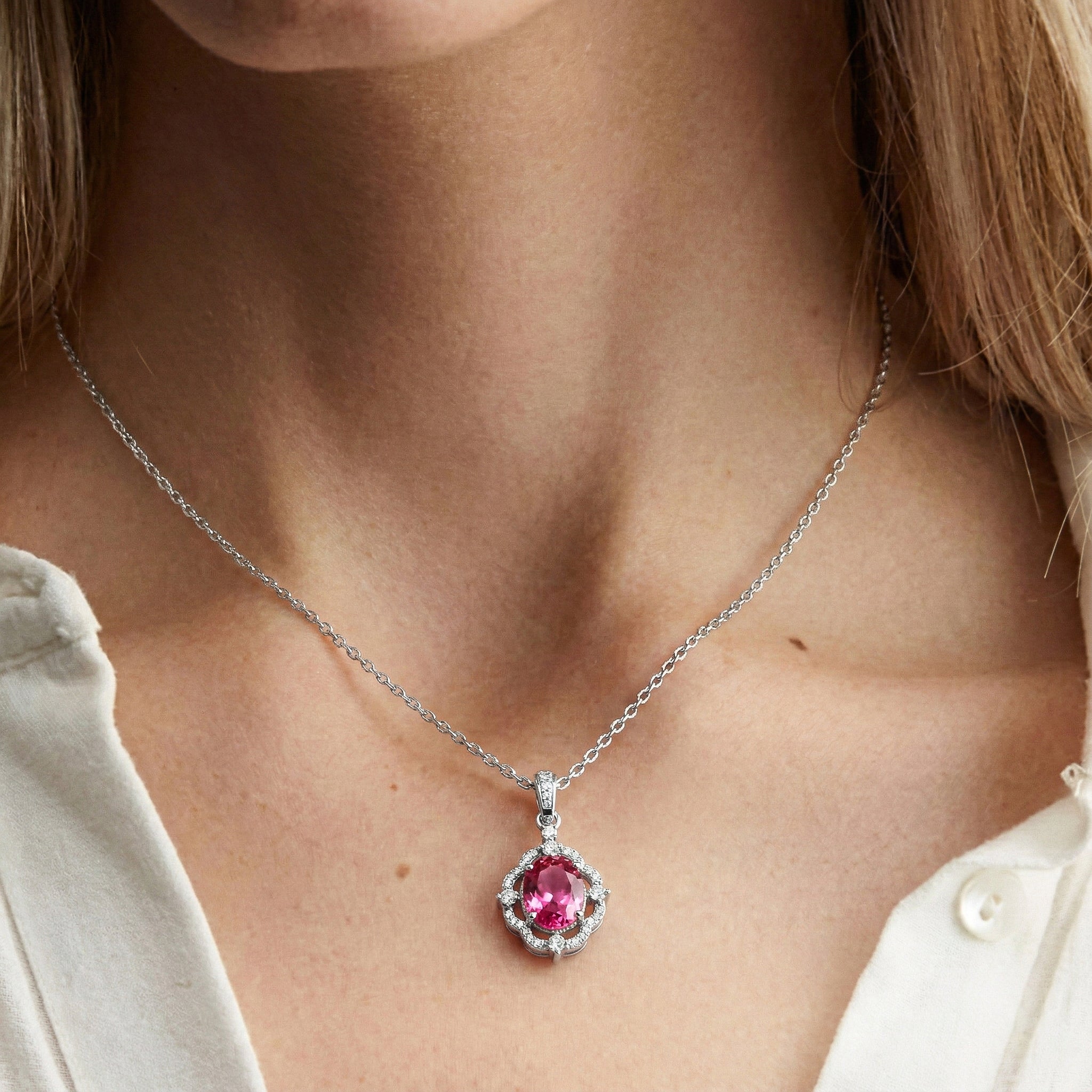 Pink Tourmaline Oval Halo Pendant Necklace in 925 Sterling Silver 1.2ct