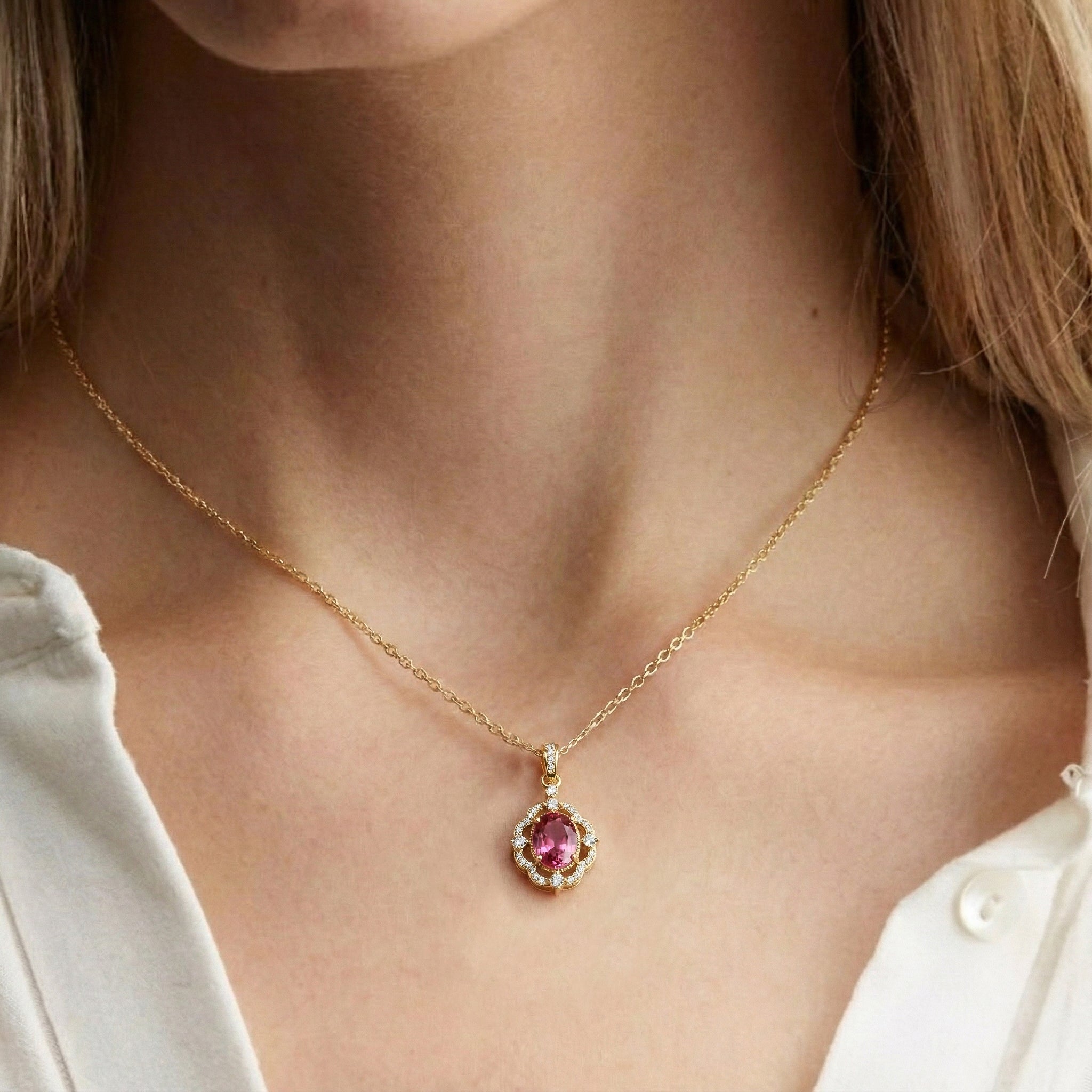 Pink Tourmaline Oval Halo Pendant Necklace in 925 Sterling Silver 1.2ct