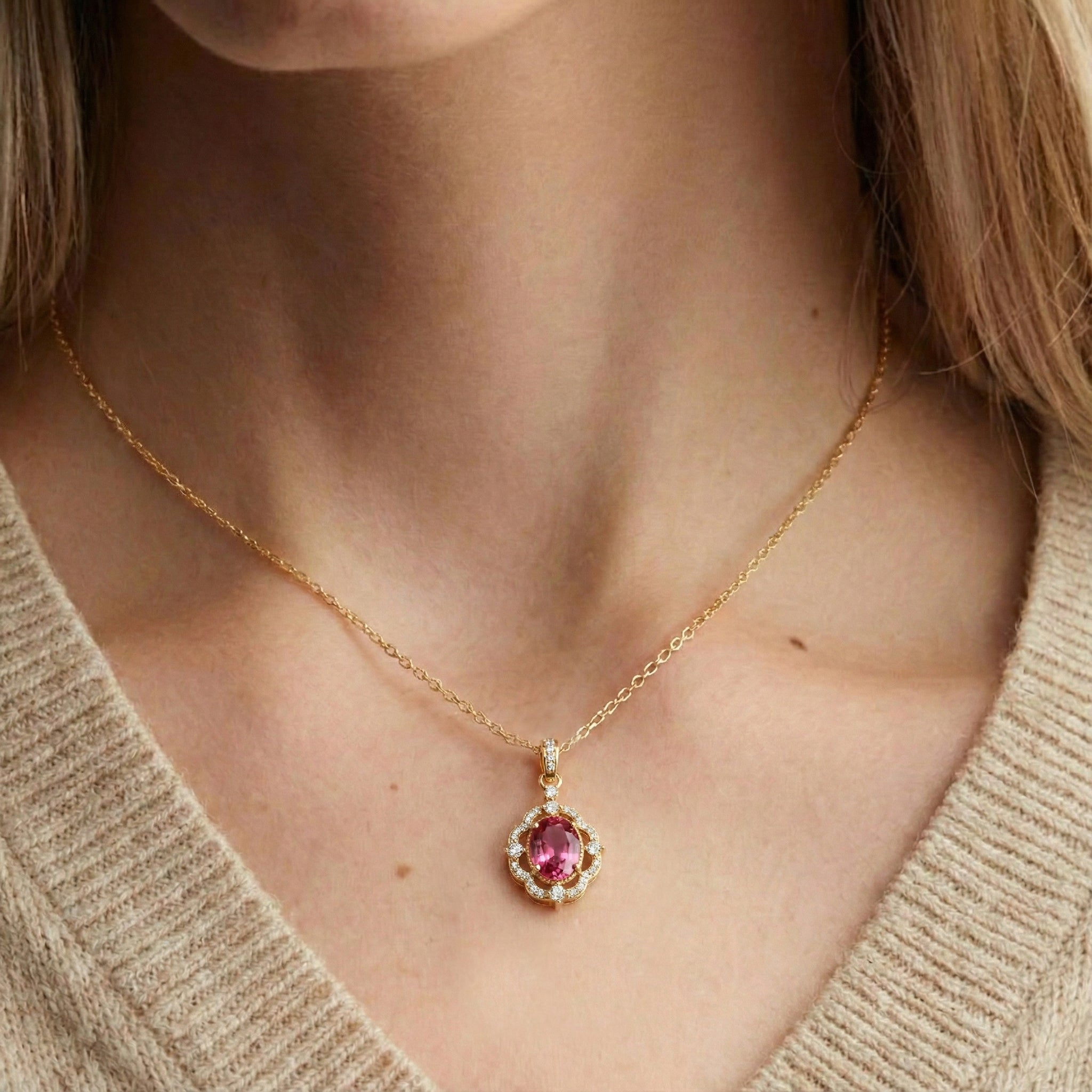 Pink Tourmaline Oval Halo Pendant Necklace in 925 Sterling Silver 1.2ct