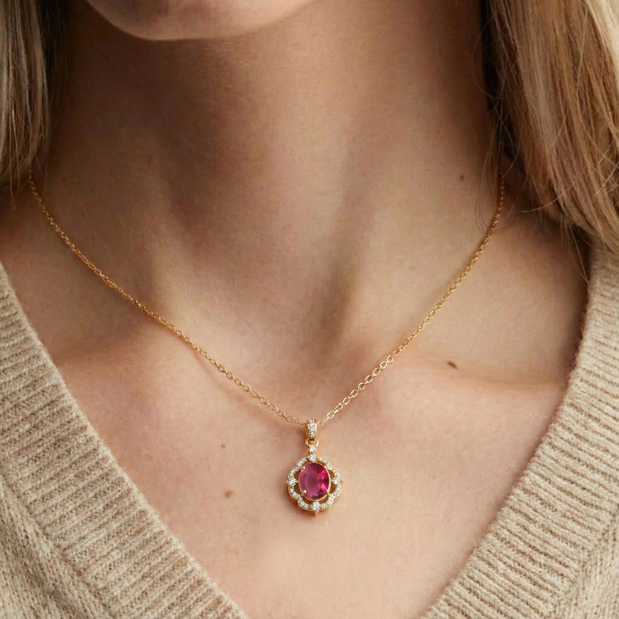 Pink Tourmaline Oval Halo Pendant Necklace in 925 Sterling Silver 1.2ct