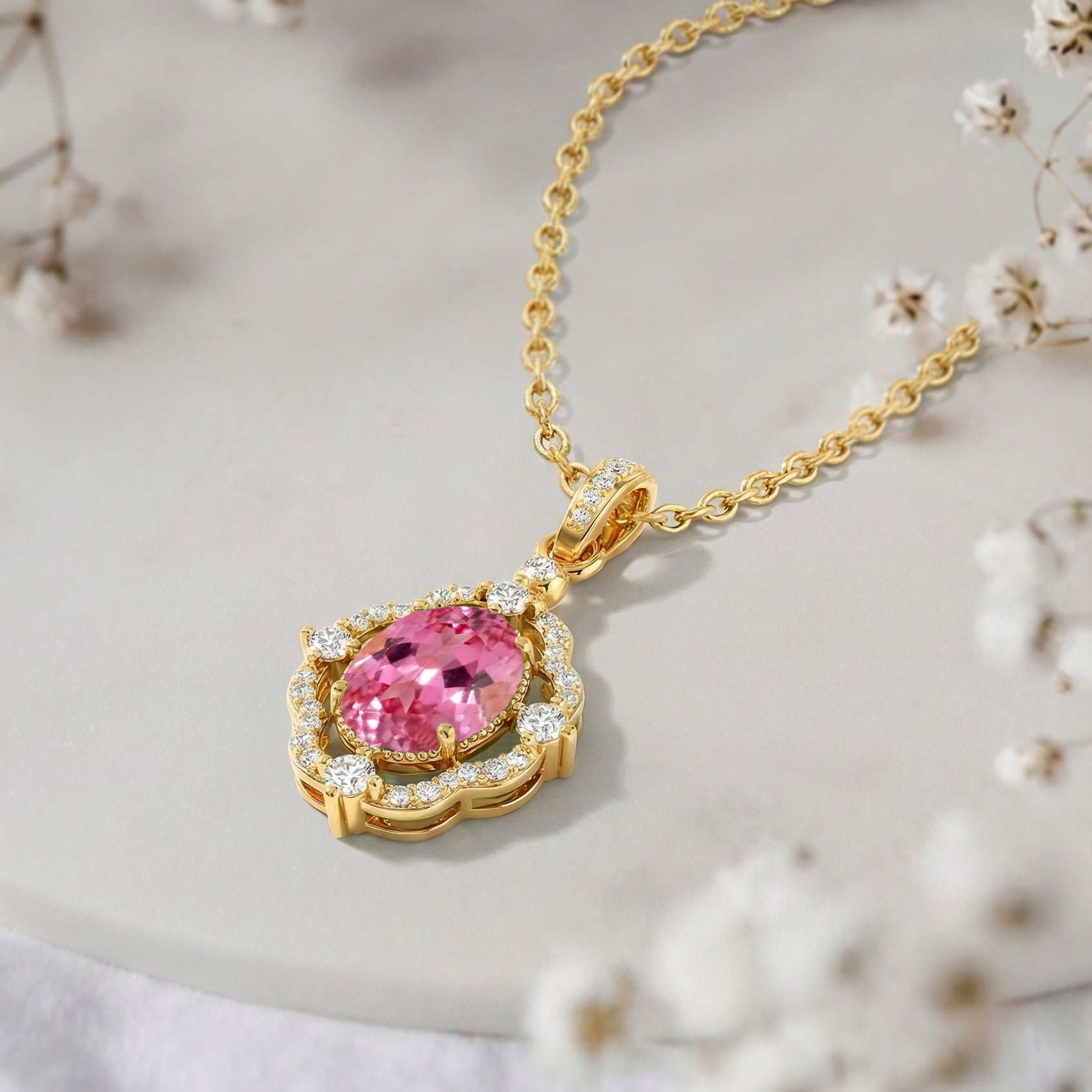 Pink Tourmaline Oval Halo Pendant Necklace in Yellow Gold Plated 1.2ct
