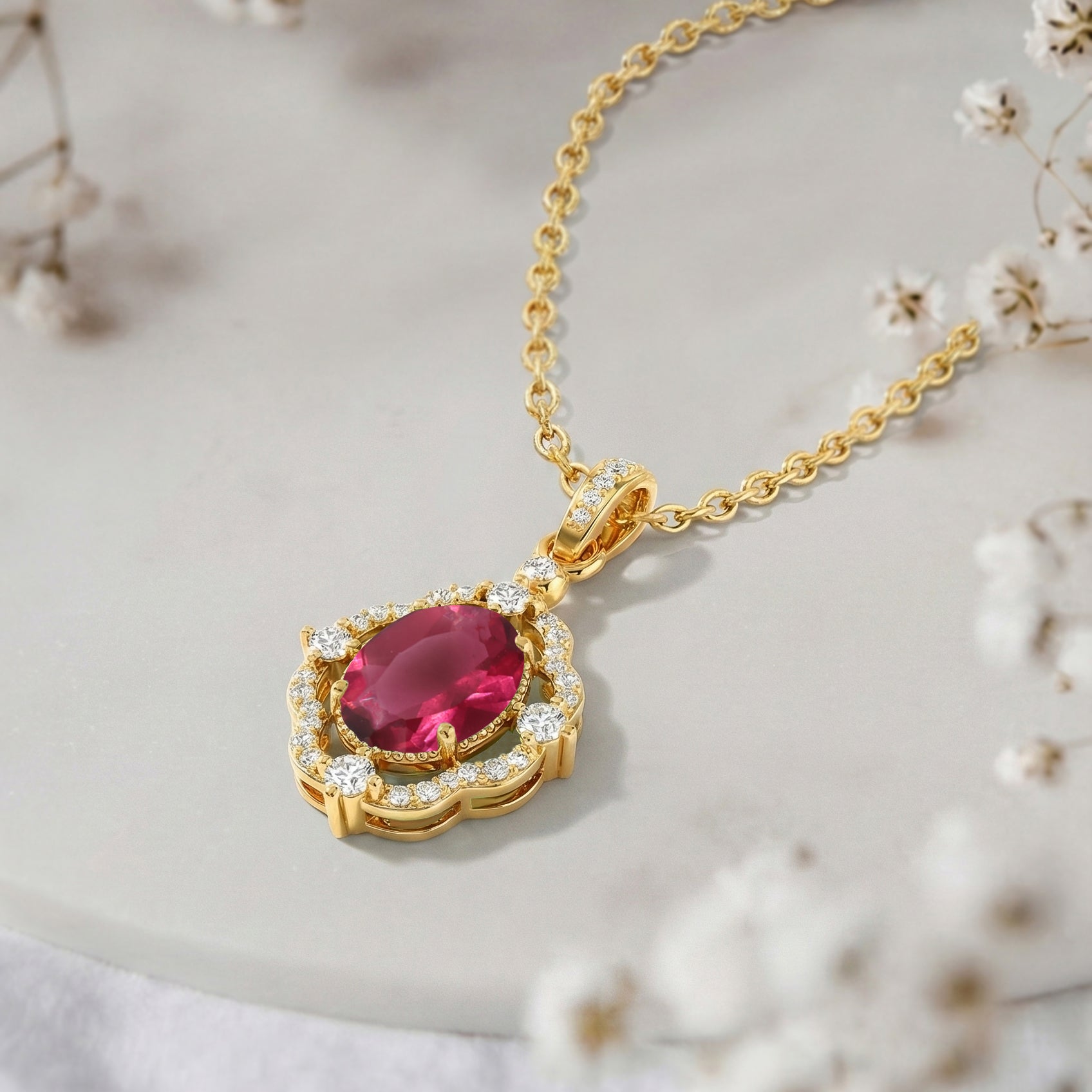 Pink Tourmaline Oval Halo Pendant Necklace in 925 Sterling Silver 1.2ct