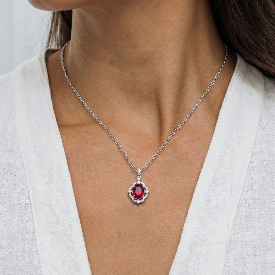 Ruby Oval Halo Pendant Necklace in 925 Sterling Silver 1.2ct