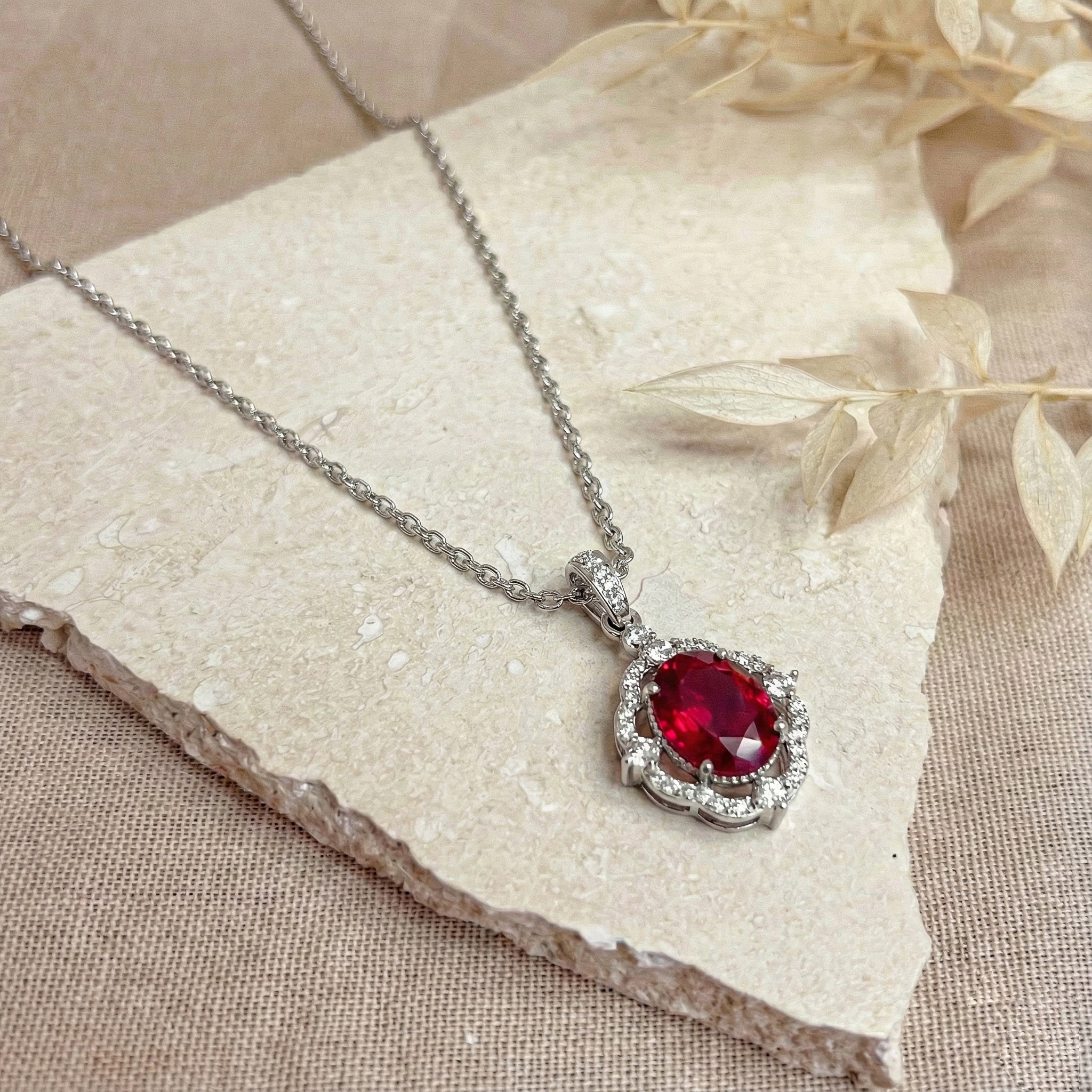 Ruby Oval Halo Pendant Necklace in 925 Sterling Silver 1.2ct