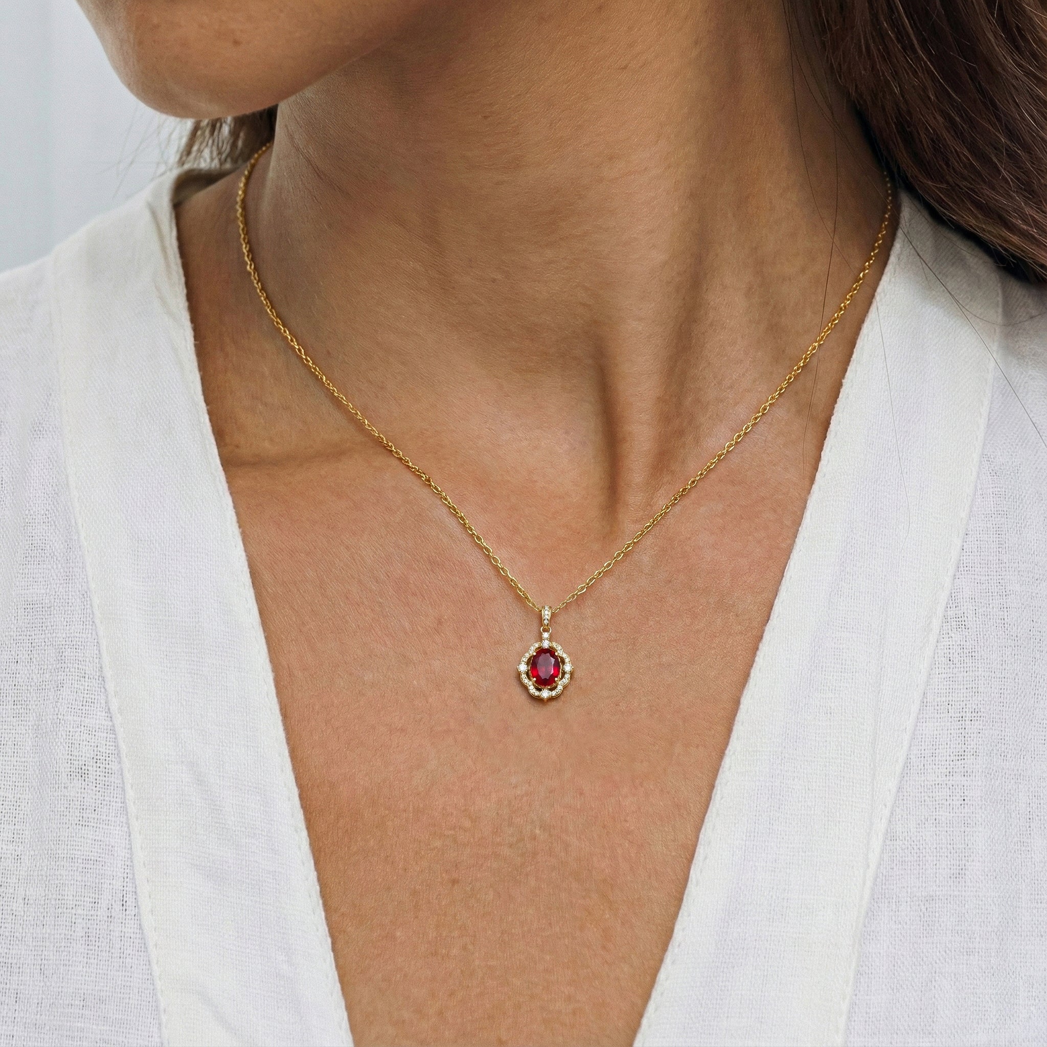 Ruby Oval Halo Pendant Necklace in 925 Sterling Silver 1.2ct