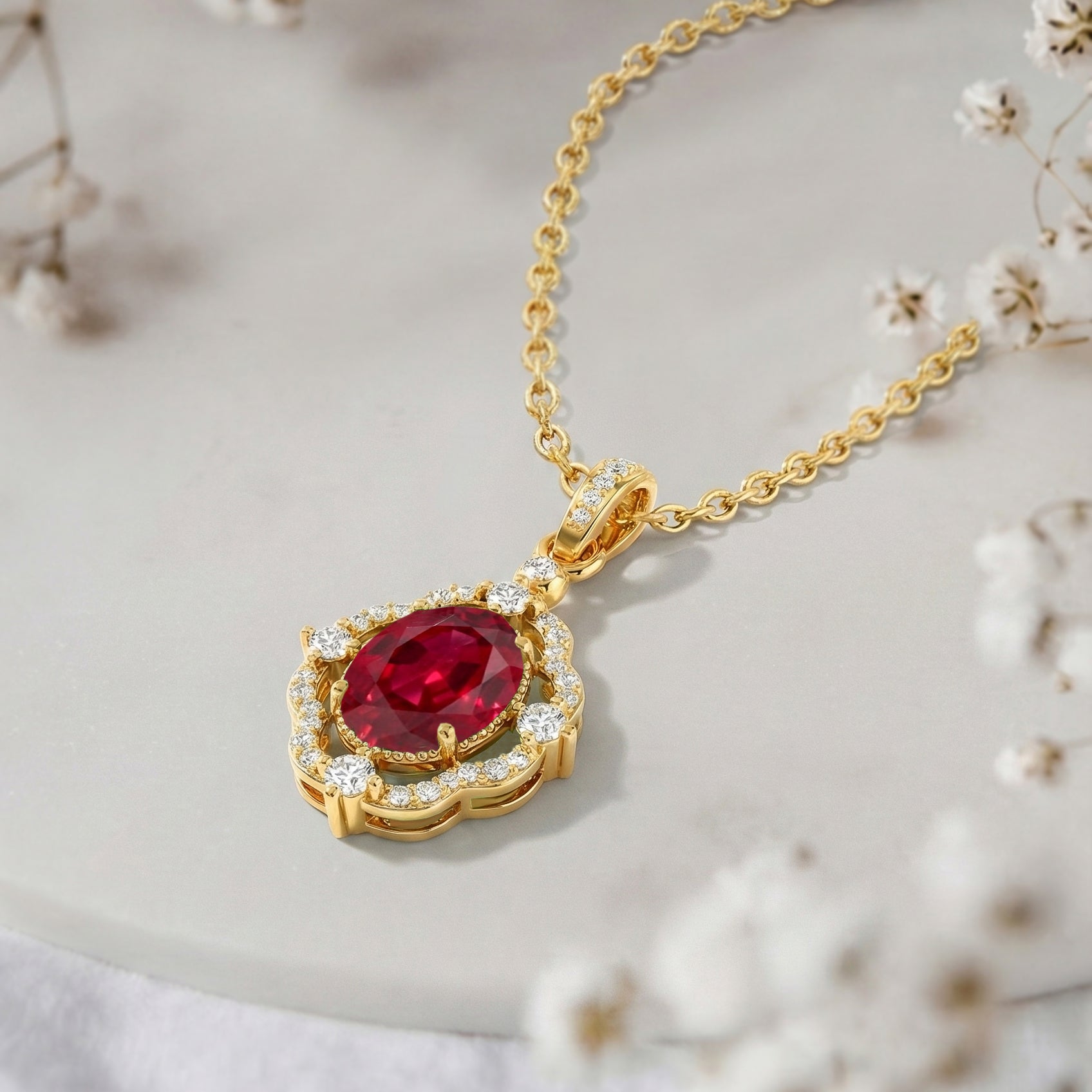 Ruby Oval Halo Pendant Necklace in Yellow Gold Plated 1.2ct