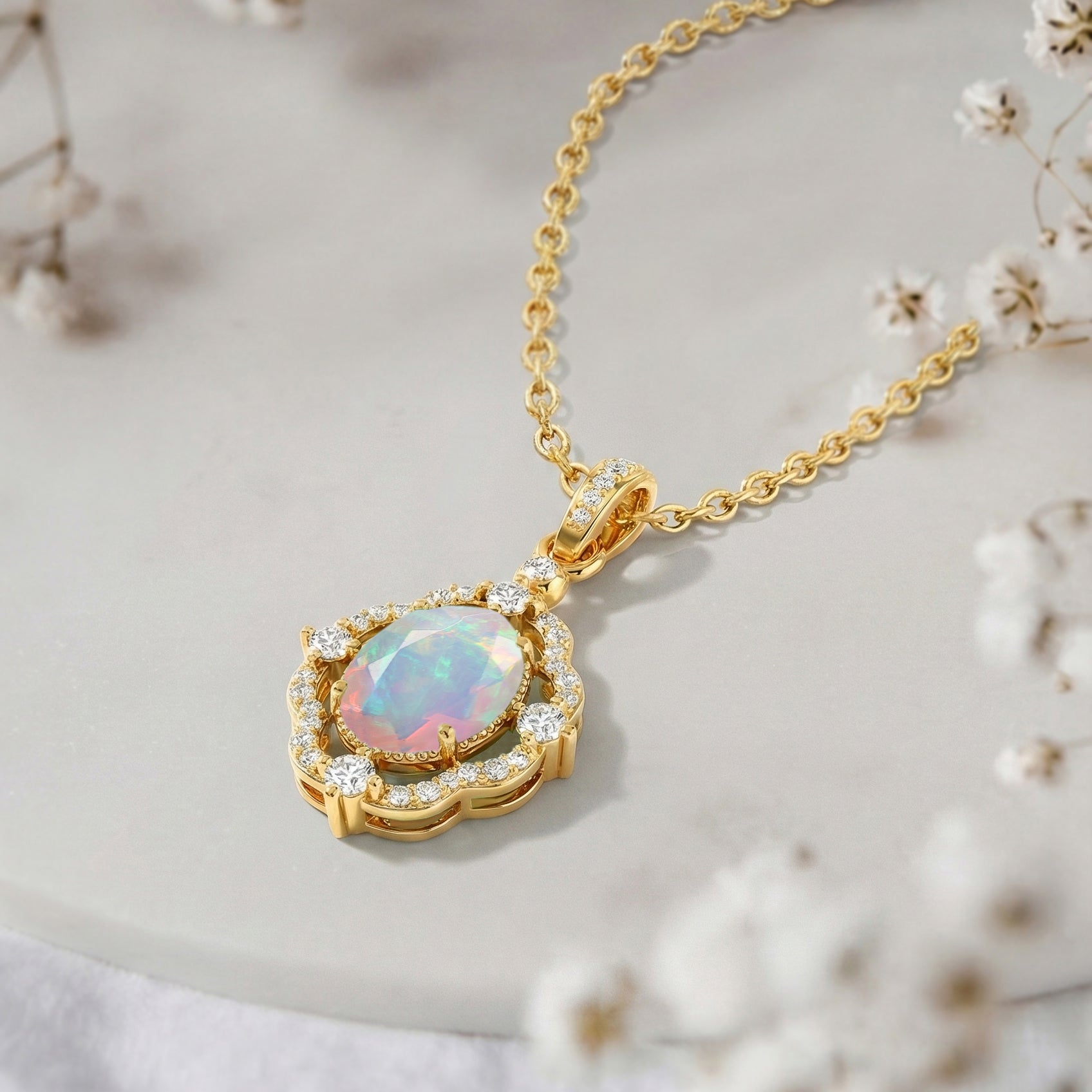 White Opal Oval Halo Pendant Necklace in Yellow Gold Plated 1.2ct