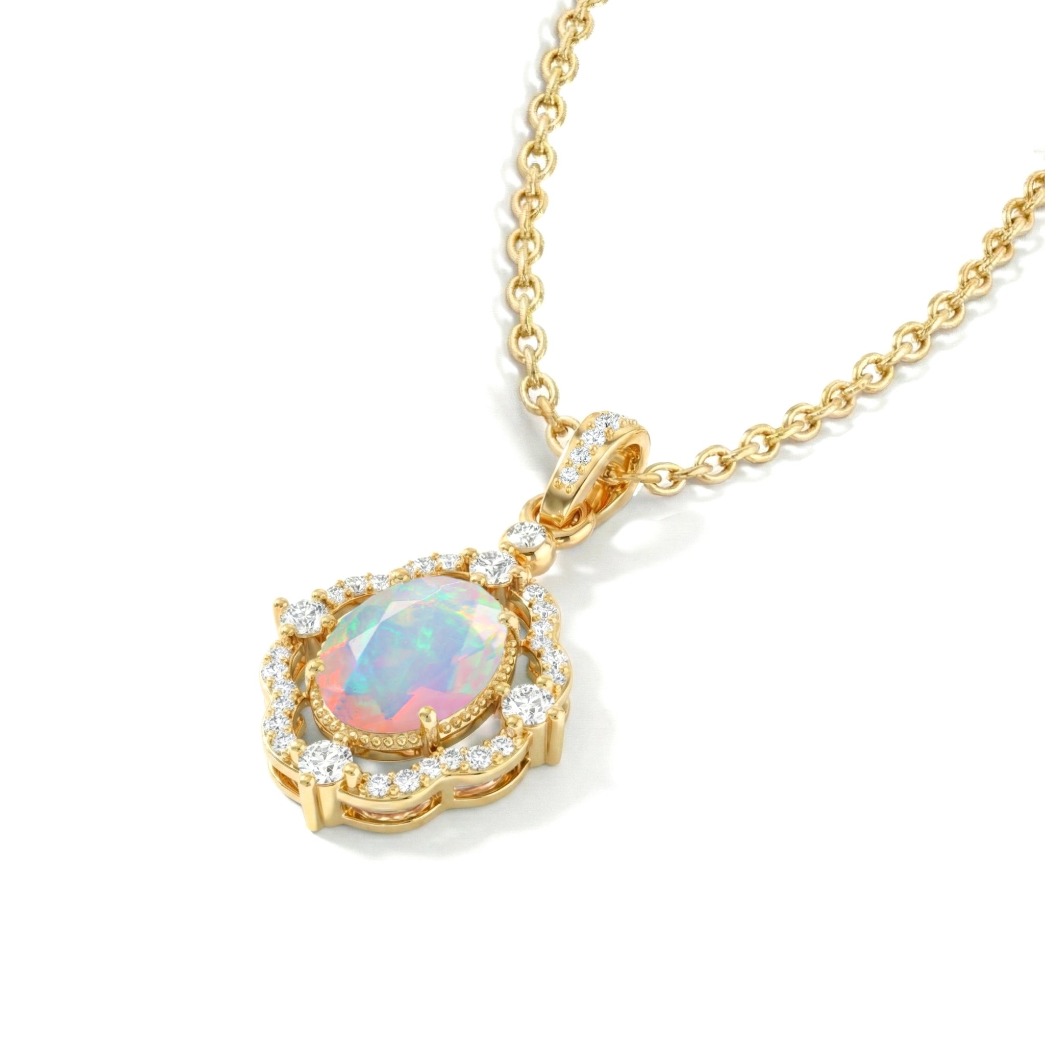 White Opal Oval Halo Pendant Necklace in Yellow Gold Plated 1.2ct