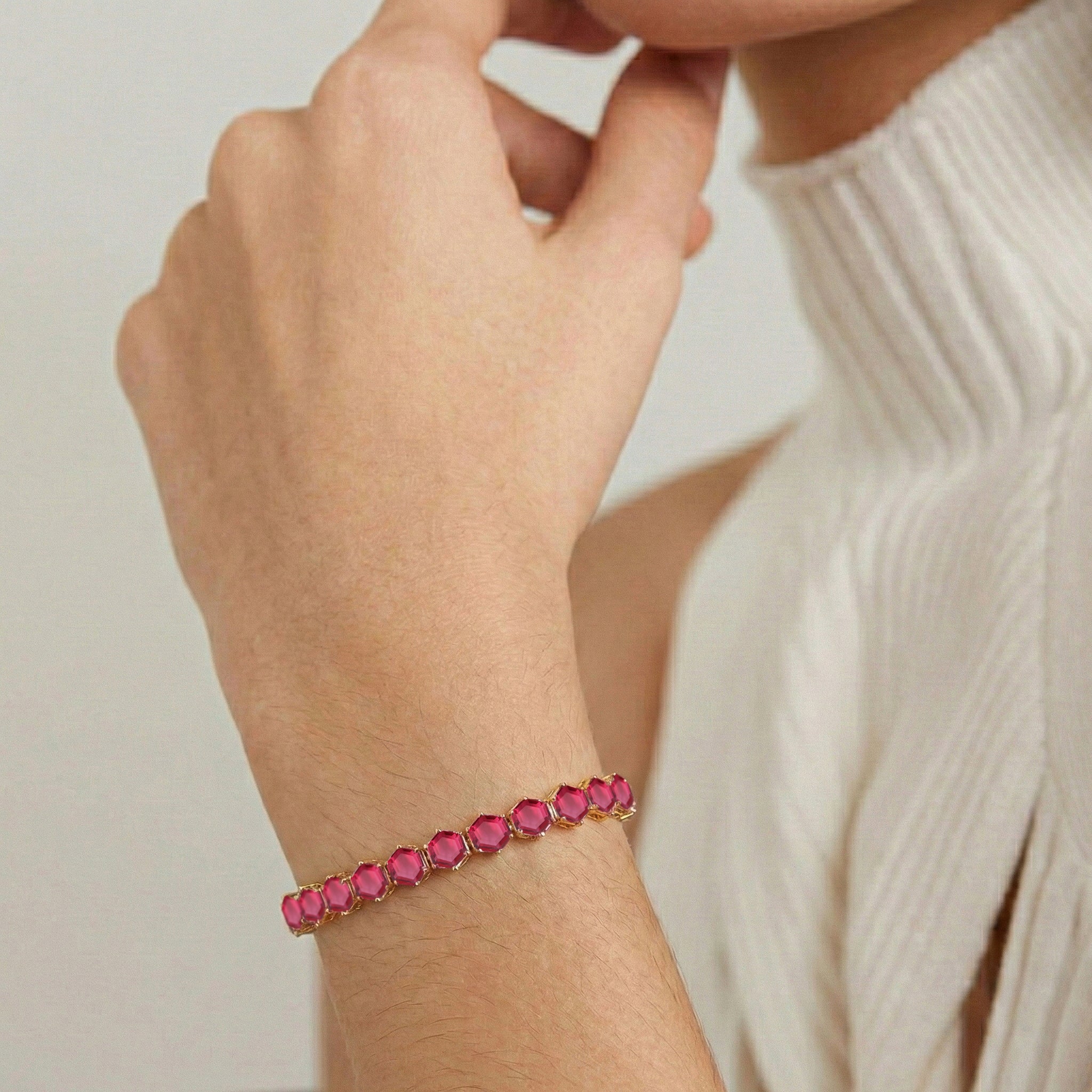 Pink Tourmaline Octagon Tennis Bracelet in 925 Sterling Silver 5 MM 23.40 ct