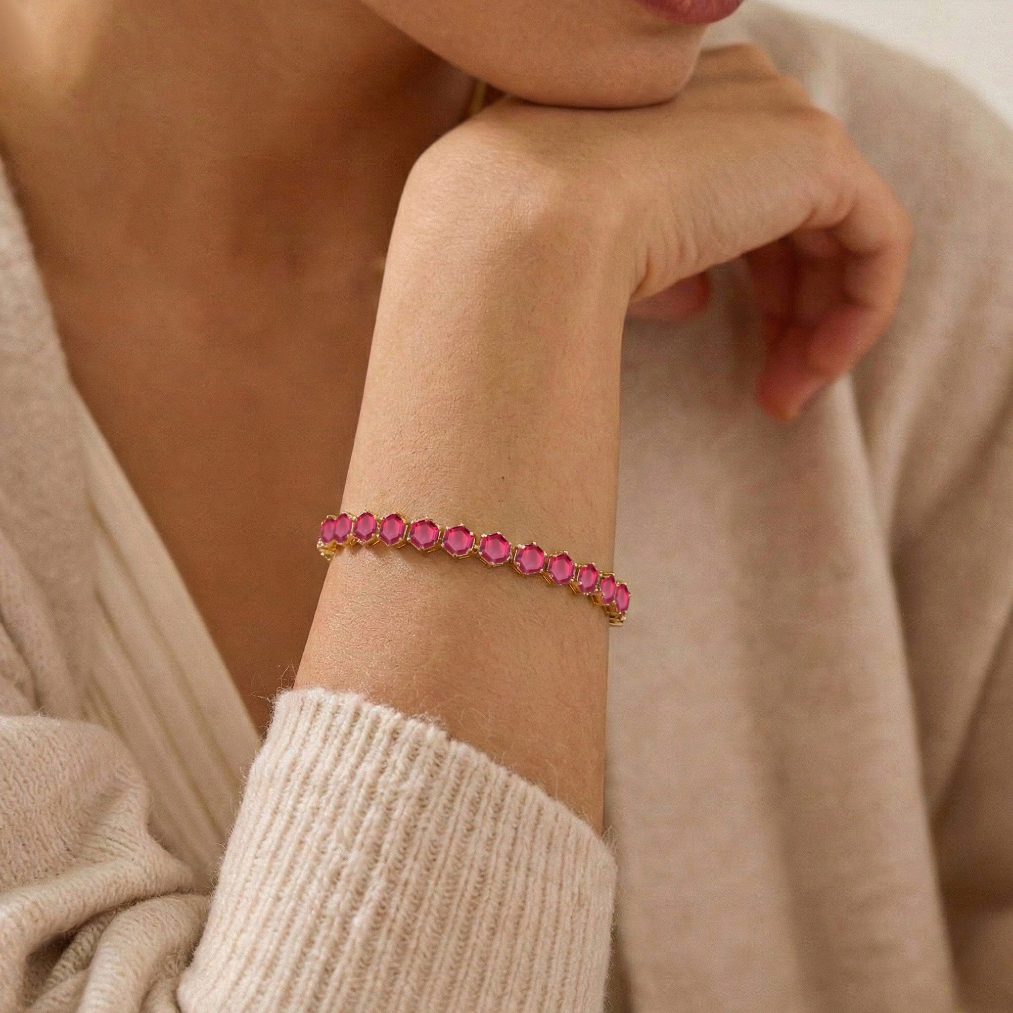 Pink Tourmaline Octagon Tennis Bracelet in 925 Sterling Silver 5 MM 23.40 ct