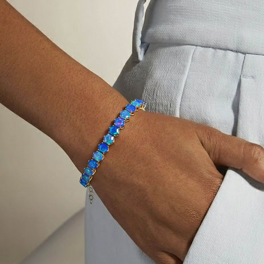 Blue Opal Octagon Tennis Bracelet in 925 Sterling Silver 5 MM 23.40 ct