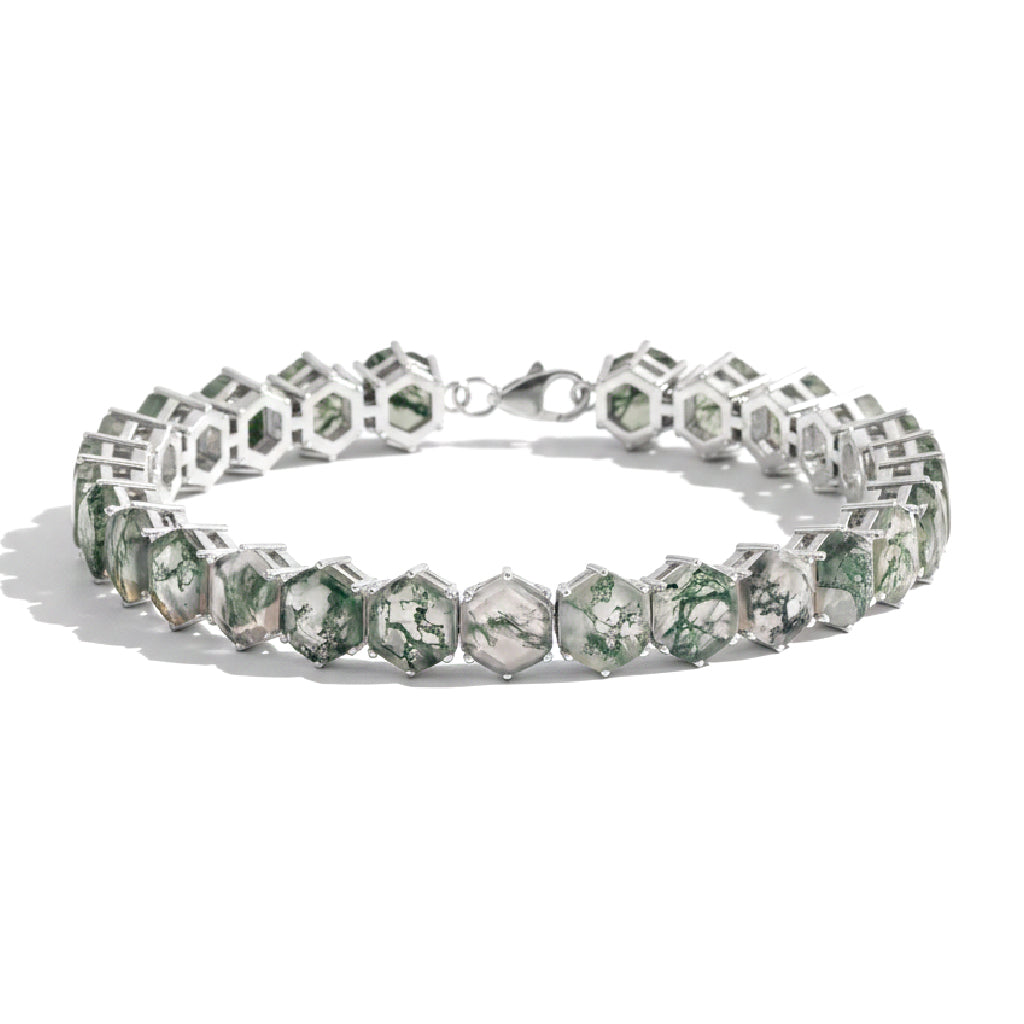 Moss Agate Octagon Tennis Bracelet in 925 Sterling Silver 5 MM 23.40 ct