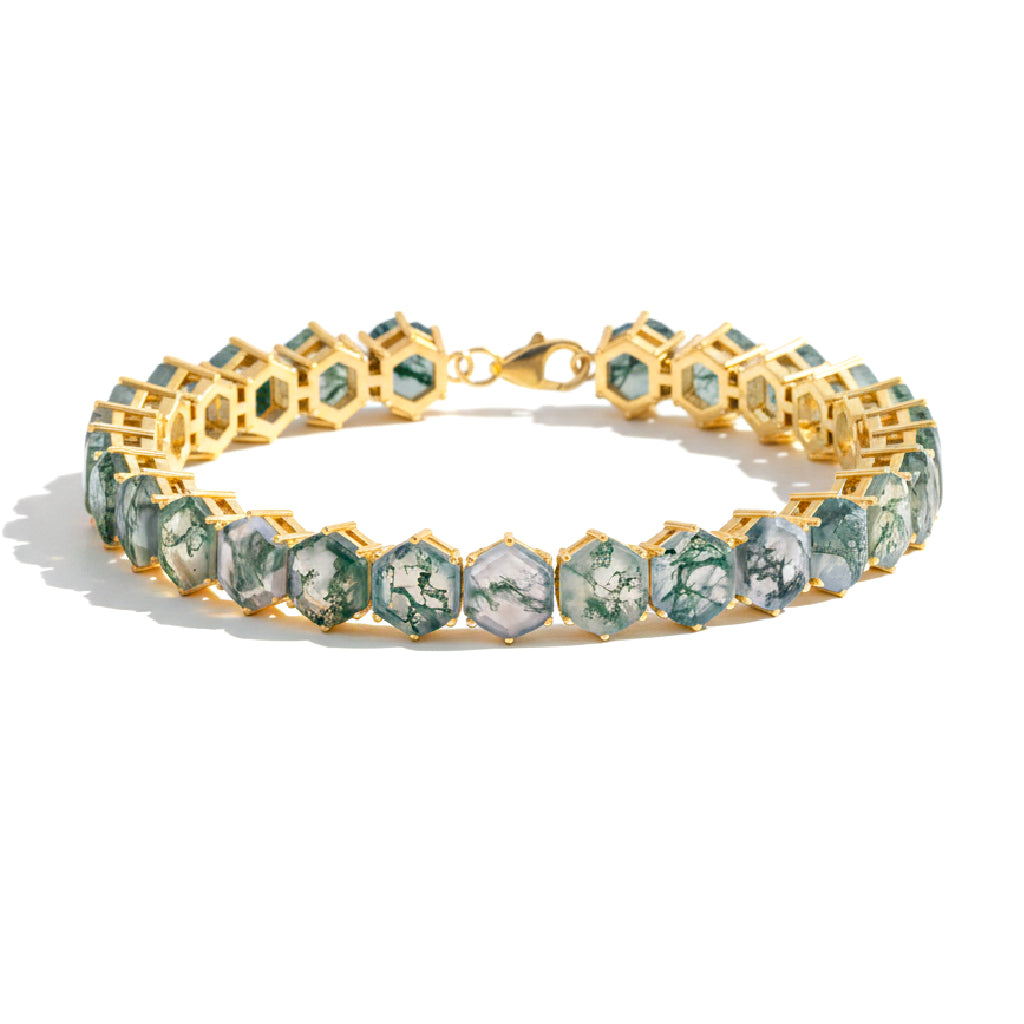 Moss Agate Bead Bracelet Octagon Tennis