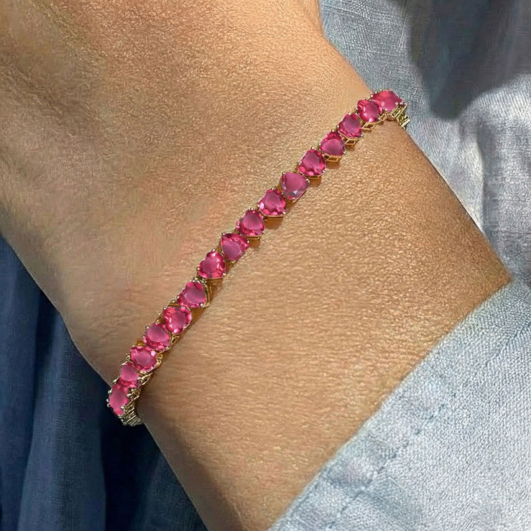 Pink Tourmaline Heart Tennis Bracelet in 925 Sterling Silver 20.80 CT