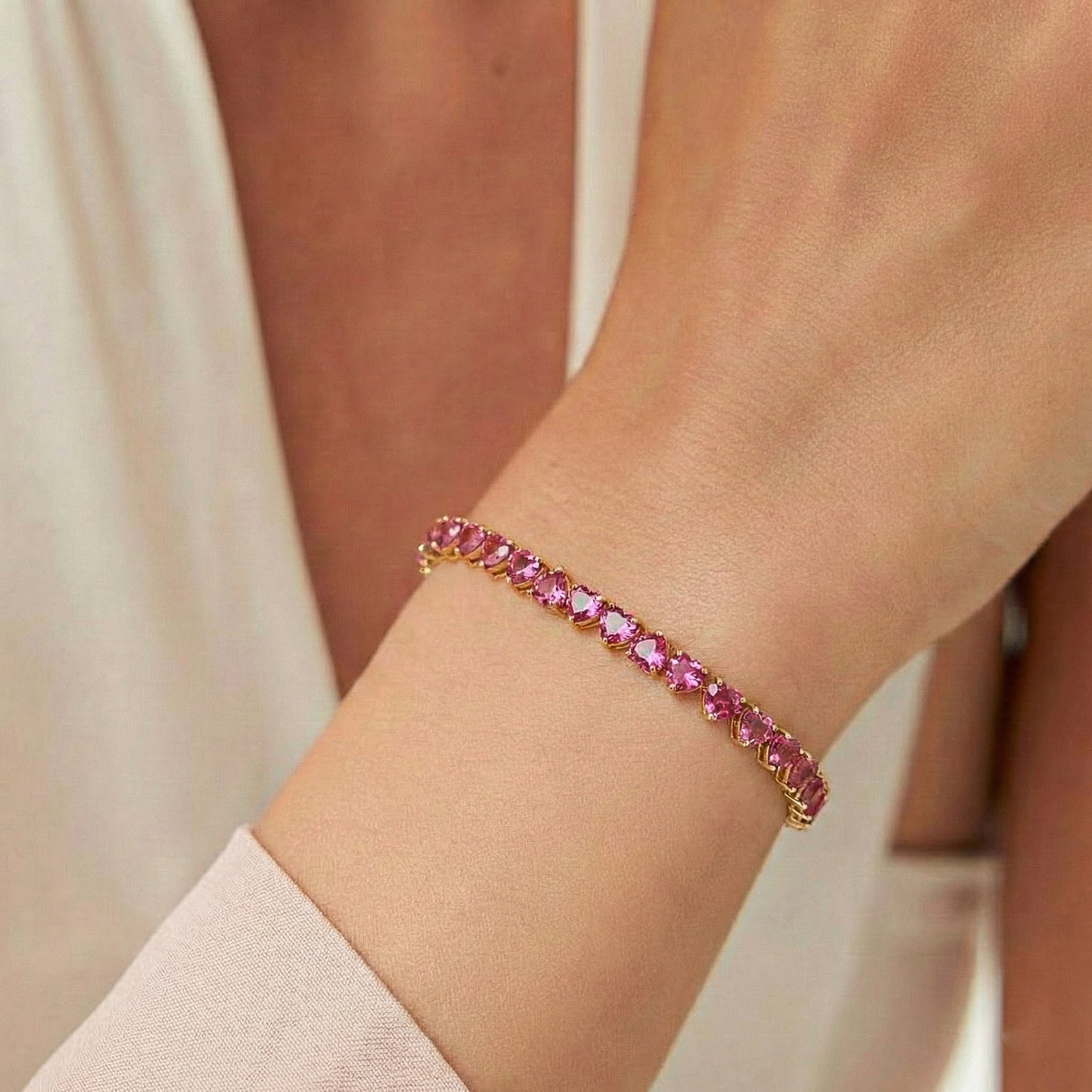 Pink Tourmaline Heart Tennis Bracelet in 925 Sterling Silver 20.80 CT