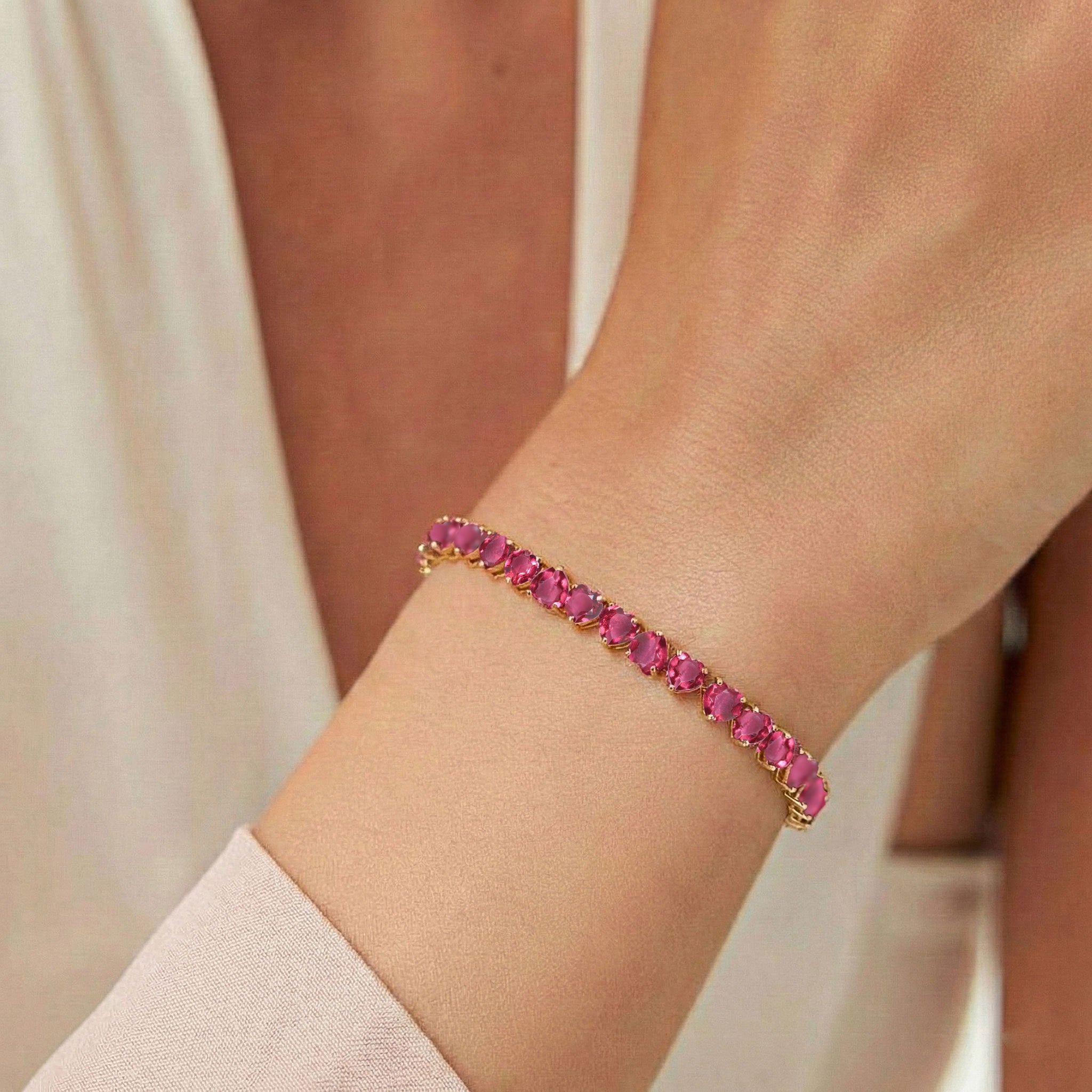 Pink Tourmaline Heart Tennis Bracelet in 925 Sterling Silver 20.80 CT