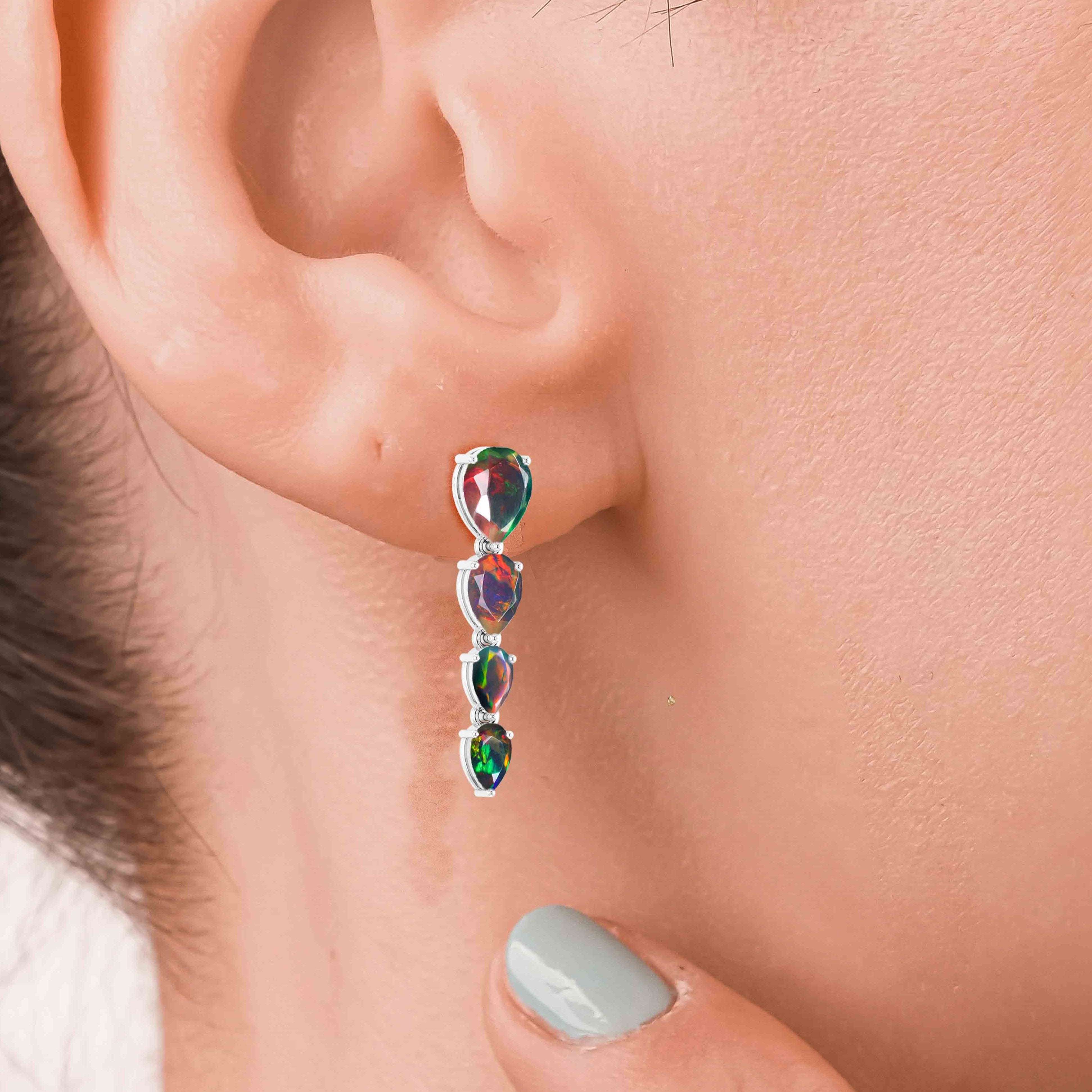 Black Multifire Opal Pear Drop Earrings