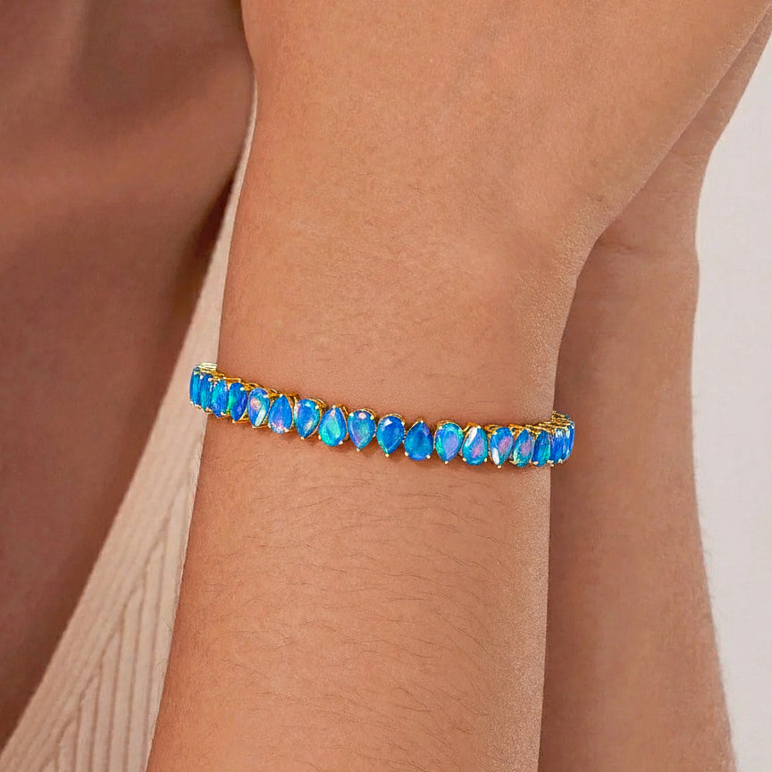 Blue Opal Pear Tennis Bracelet in 925 Sterling Silver 22 CT