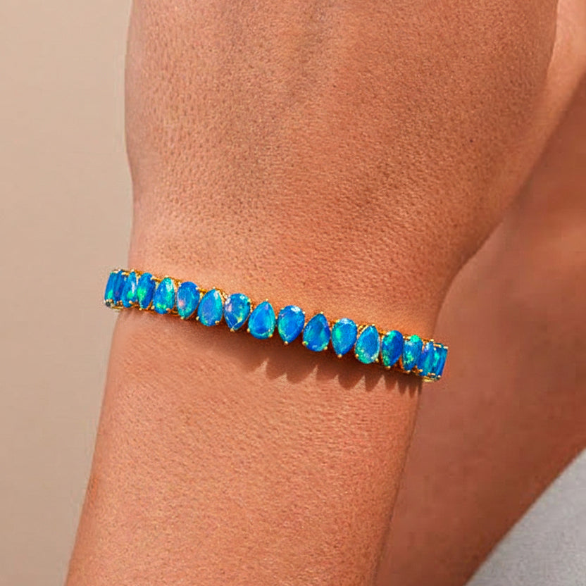 Blue Opal Pear Tennis Bracelet in 925 Sterling Silver 22 CT