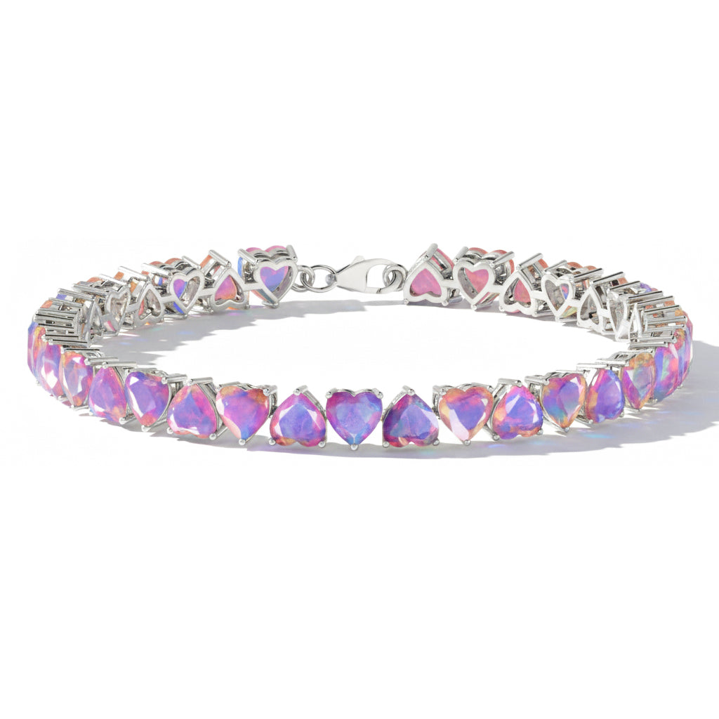 Lavender Opal Heart Tennis Bracelet in 925 Sterling Silver 20.80 CT