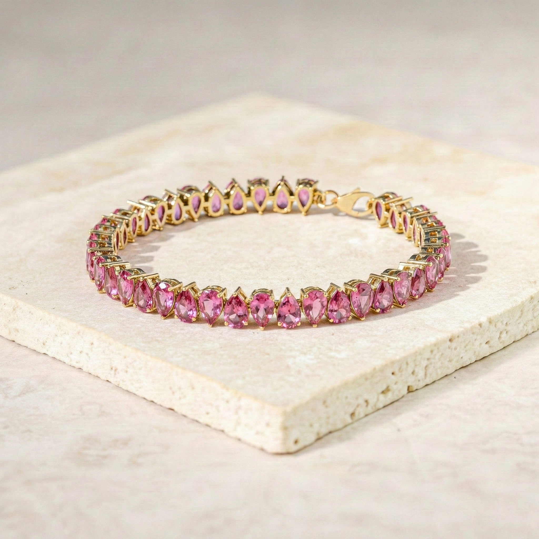Pink Tourmaline Pear Tennis Bracelet in 925 Sterling Silver 22 CT