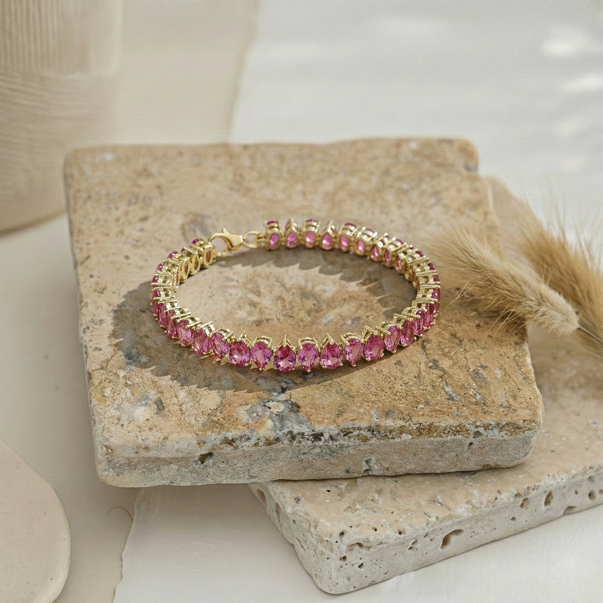 Pink Tourmaline Pear Tennis Bracelet in 925 Sterling Silver 22 CT