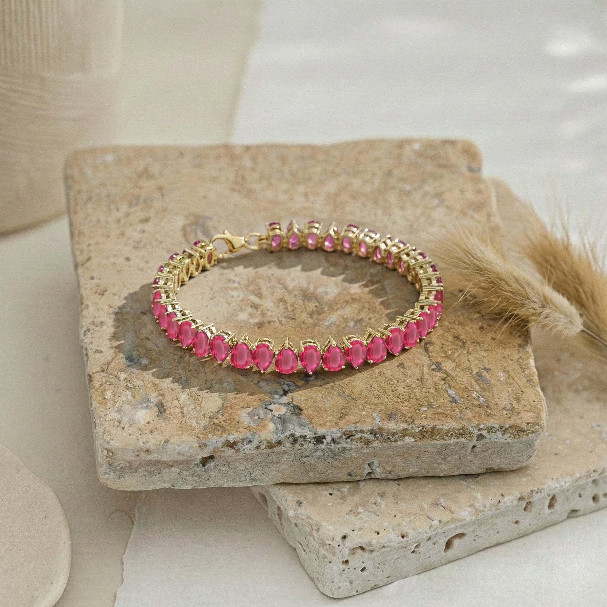 Pink Tourmaline Pear Tennis Bracelet in 925 Sterling Silver 22 CT