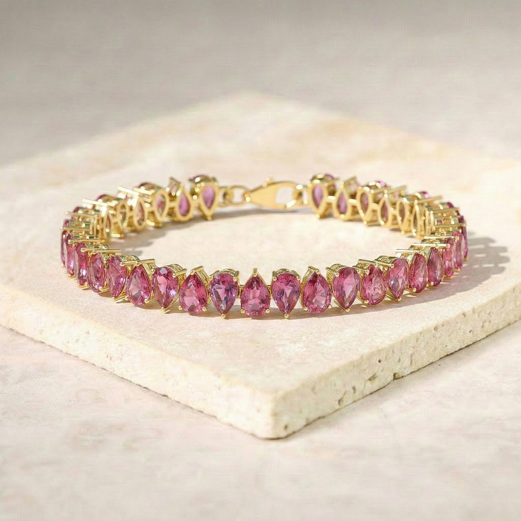 Pink Tourmaline Pear Tennis Bracelet in 925 Sterling Silver 22 CT