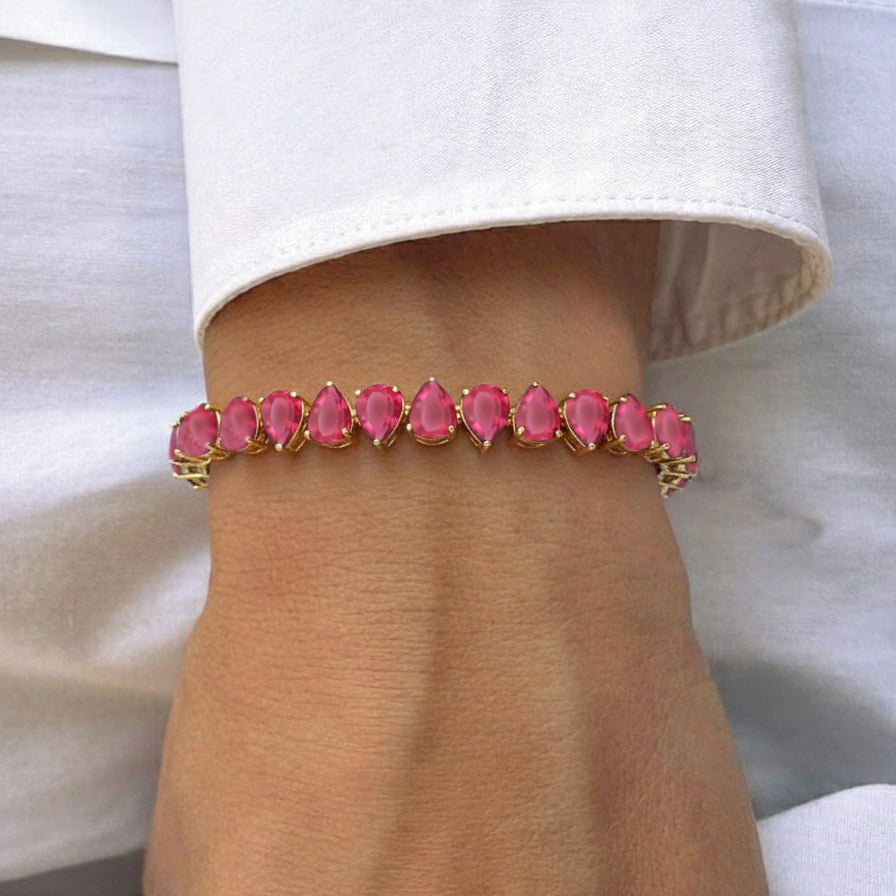 Pink Tourmaline Pear Tennis Bracelet in 925 Sterling Silver 22 CT
