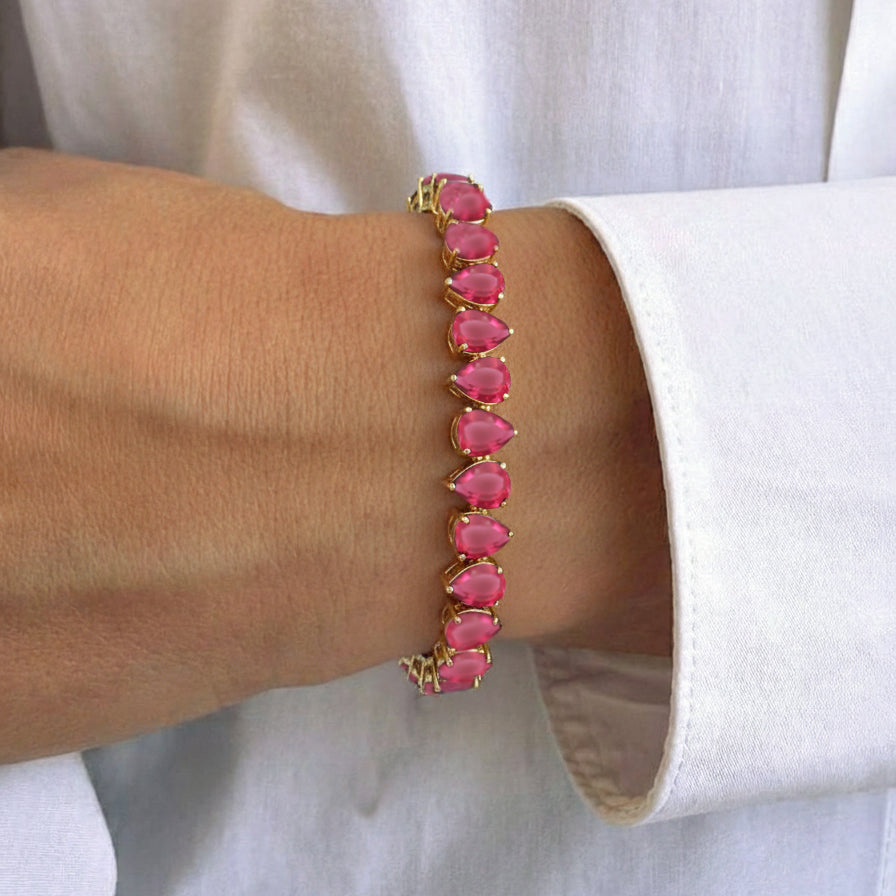 Pink Tourmaline Pear Tennis Bracelet in 925 Sterling Silver 22 CT