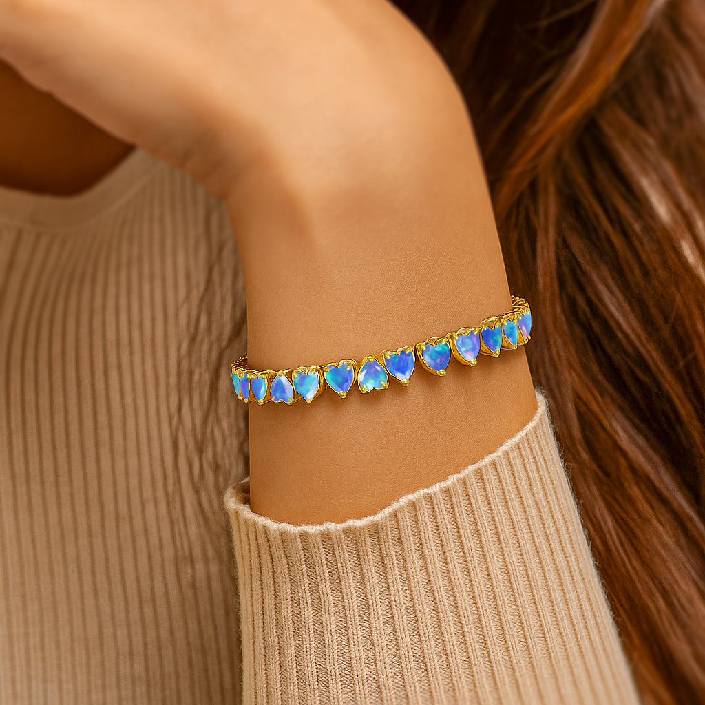 Natural Blue Fire Opal Heart Gemstone Tennis Bracelet