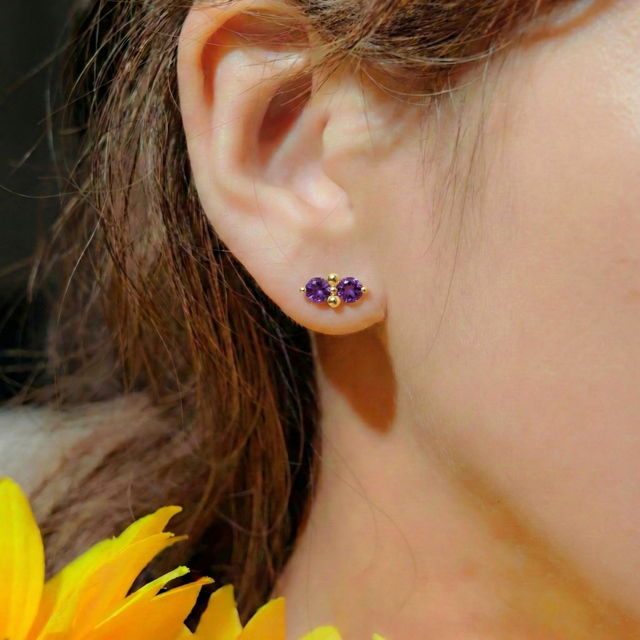 Amethyst Round Stud Earrings in Yellow Gold Plated 3 MM 1.20ct